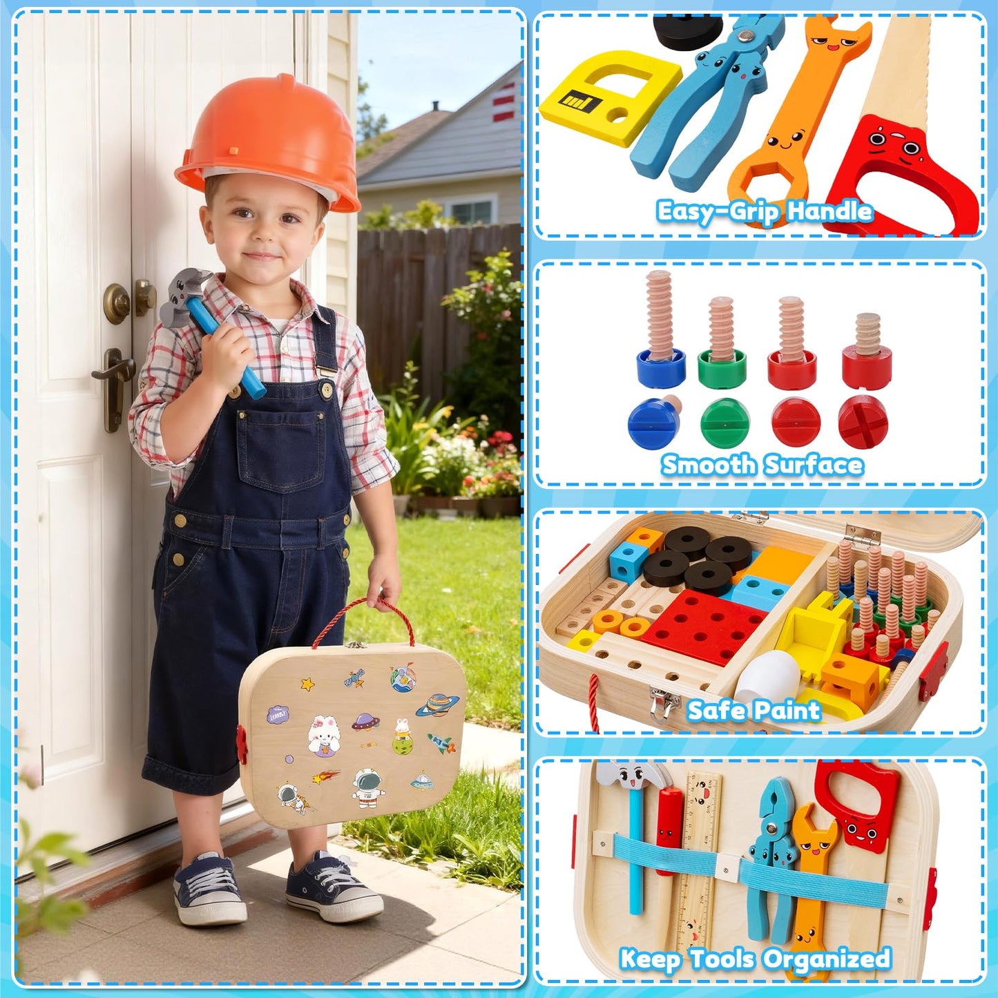 Kids Tool Set - Wooden Montessori Educational Tool Box for Toddlers with Electric Drill, 59 Pieces STEM Building Toys for Building