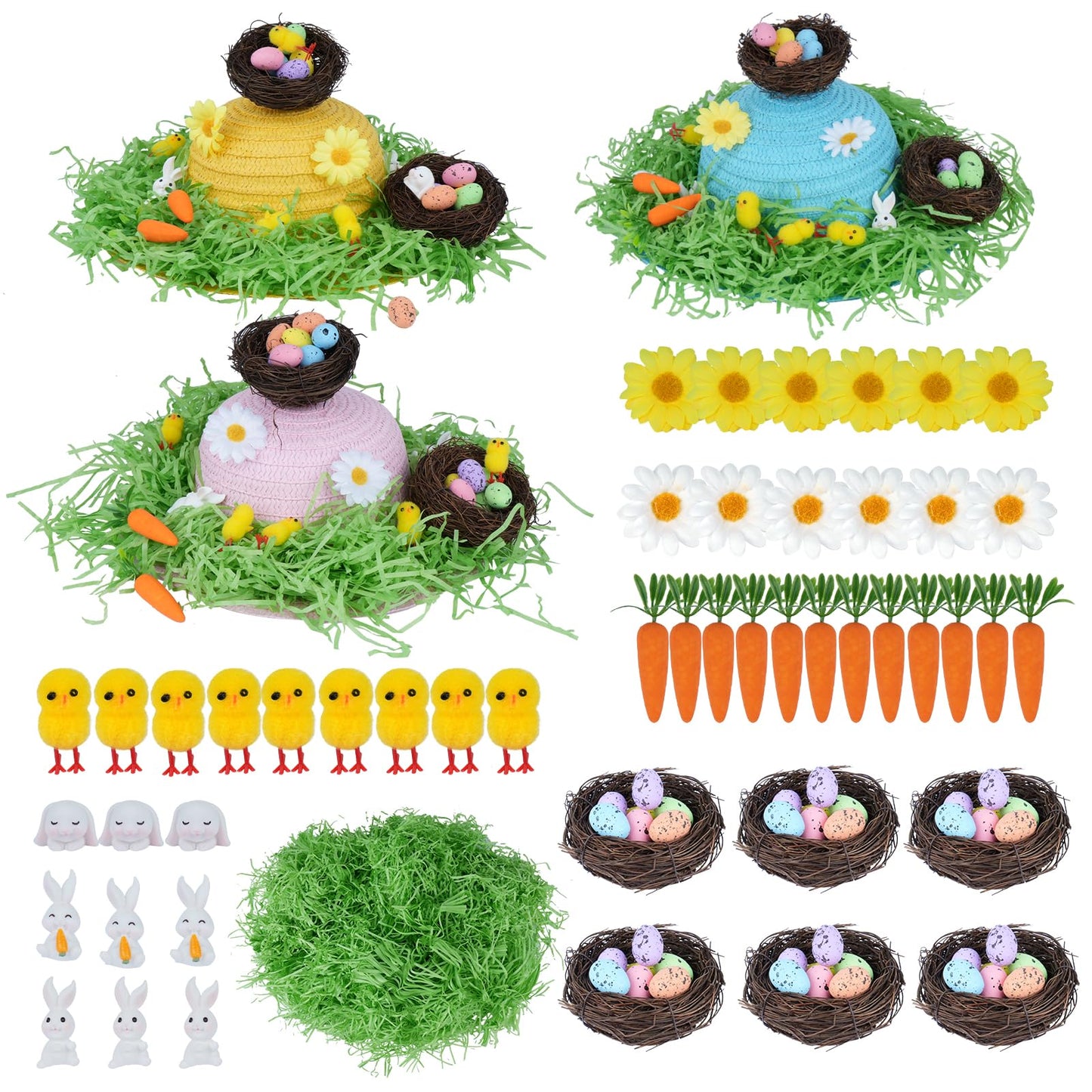 HFYZZ Set of 3 DIY Easter Bonnet Kit - Make Your Own Easter Bonnet Hat Art Project Set Including Straw Hats Chicks Bunnies Carrots Eggs Nests Grass Flowers for DIY Easter Party Decoration
