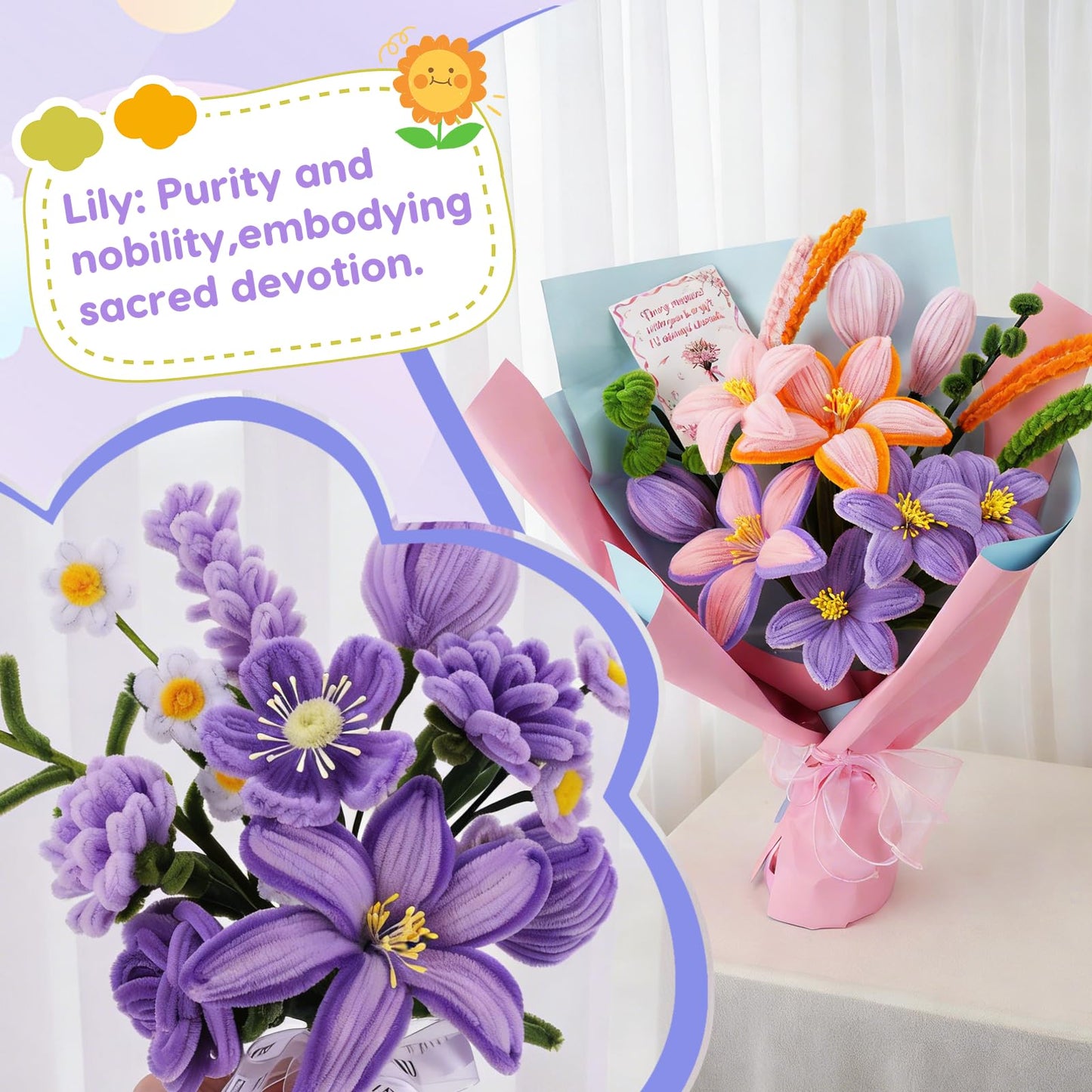 900 PCS Pipe Cleaners Craft, Pipe Cleaners Flowers Kit with Handle,14 Colors Chenille Stems with Instruction, Art and Craft Supplies
