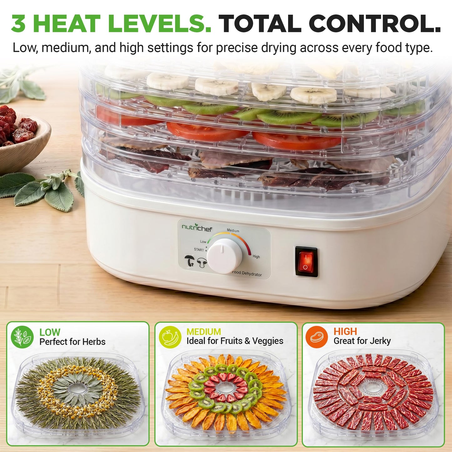 Nutrichef Food Dehydrator Machine | Multi-Tier Appliance for Home Use | Perfect for Beef Jerky, Fruits, Vegetables & Dog Treats | High-Heat Circulation | 5 Stackable Trays