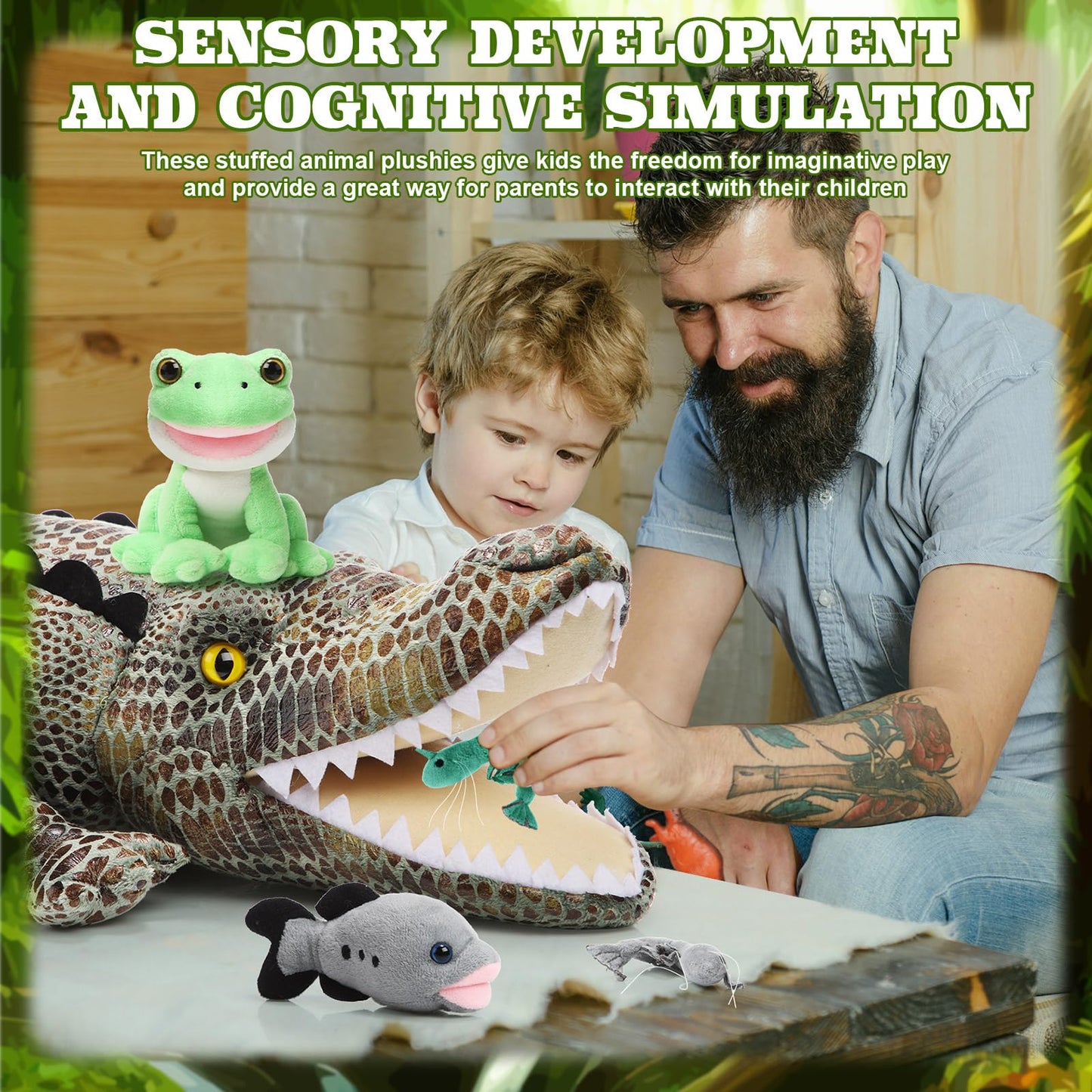 Leyndo 6 in 1 Alligator Plush Toy Set Large Crocodile Stuffed Animals Hold Plush Frog Water Bird Fish Shrimp, Interactive Educational Food Chain Toys for Kids Students Gift Birthday(Cool Style)