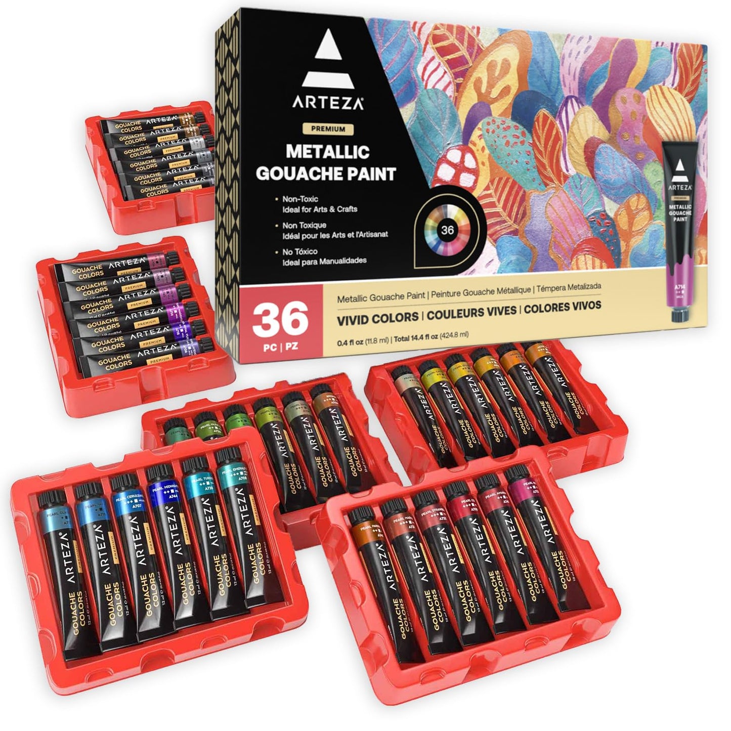 ARTEZA Metallic Gouache Paint, Set of 36, 12ml/0.4 US Fl Oz Gouache Paint Tubes, Glitter Paint for Canvas & Paper