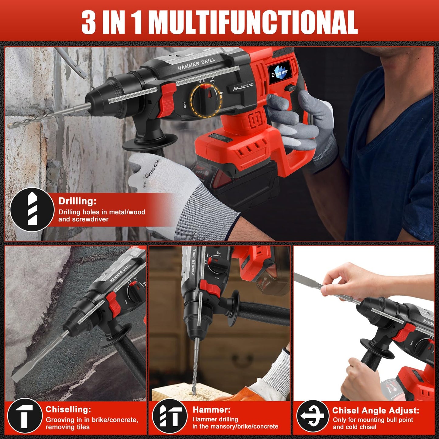 Gpaentsn Cordless Rotary Hammer Drill (Tool Only) Compatible with Milwaukee M18 | 2.6J Impact | SDS-Plus Chuck | 4-Mode | Brushless Motor (Battery not Included)