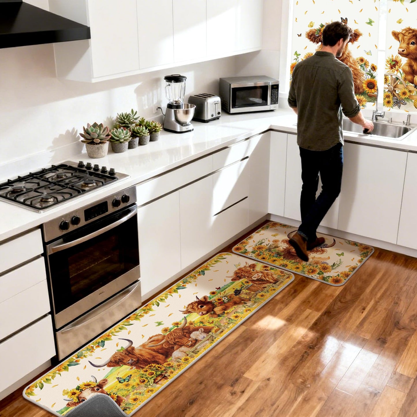 Hillsuren 13 Pcs Farmhouse Highland Cow Kitchen Decor Set 3 Cow Kitchen Curtains Valance 2 Sunflower Rugs and Mats 4 Towels 2 Pot Holders 2 Oven Mitts for Home Decor Cooking Grilling Housewarming Gift