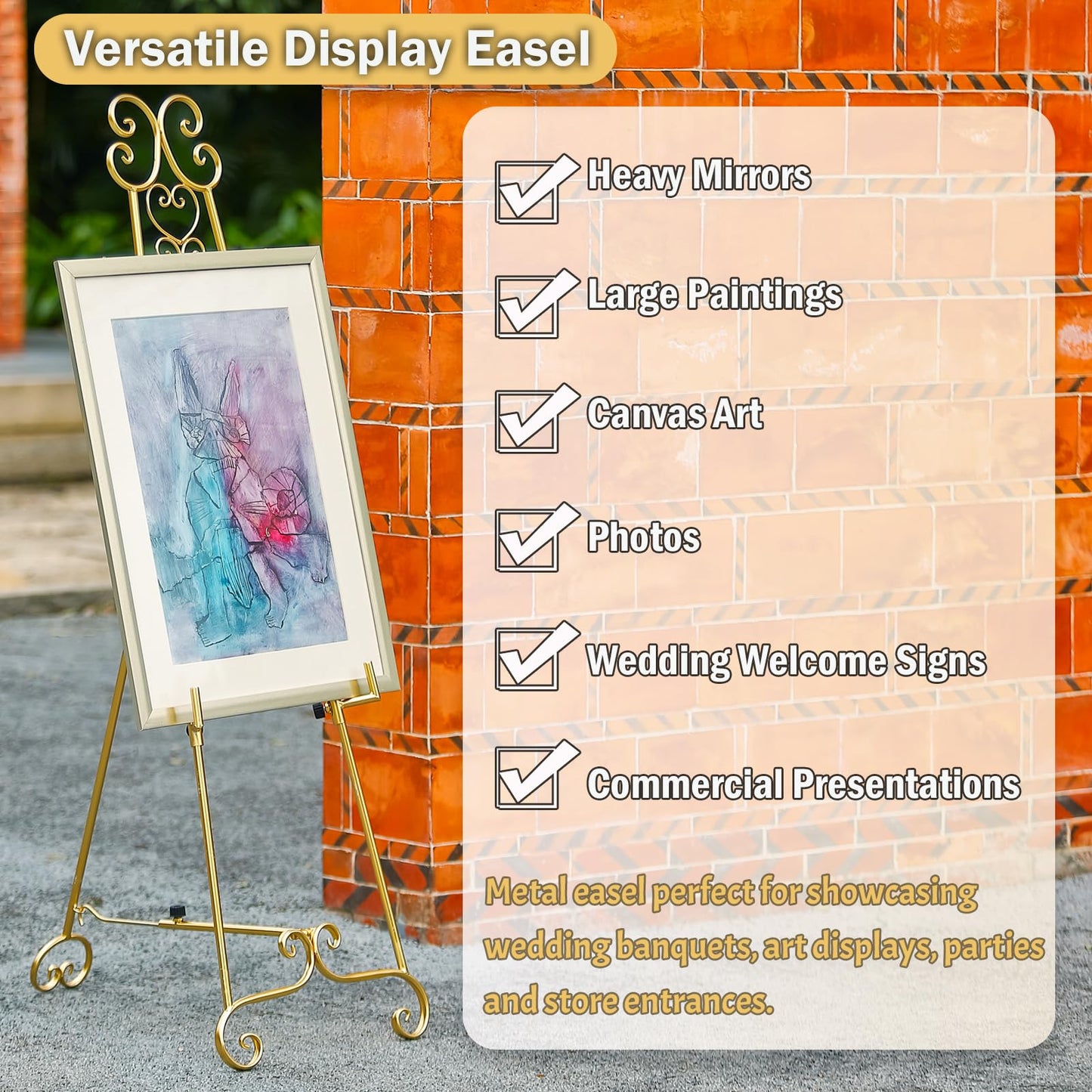 Metal Large Free Standing Adjustable Display Stand Scroll Easel with Chain Support, Gold Easel Stand for Sign, Heavy Duty Easel for Mirror, Wedding, Picture Frame (No Installation Required)