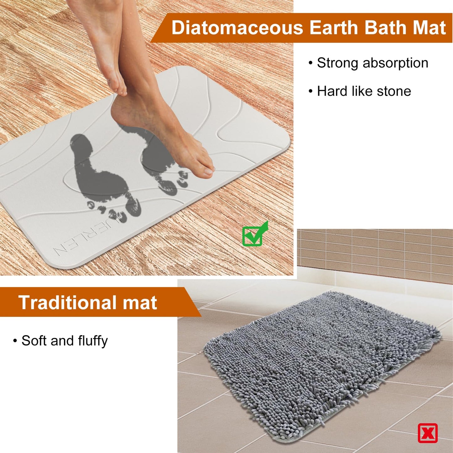 JUERLEN 2 Pack Diatomaceous Earth Shower Mat, Stone Bath Mat, Nonslip Super Absorbent Fast-Drying Hard Bath Mat for Bathroom Shower Floor, 24 x 16 inch, Pallid Wave Design
