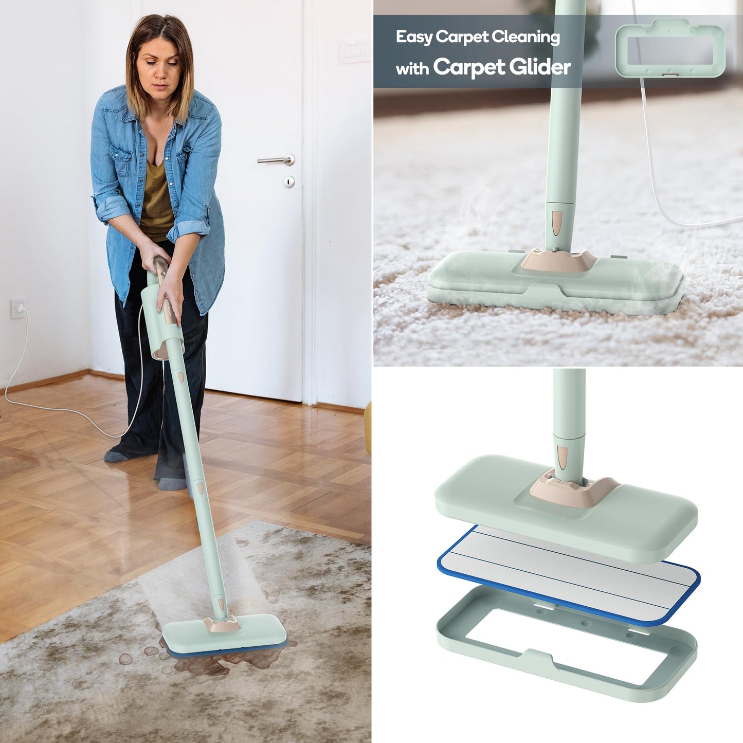 Newbealer Steam Mop & Detachable Handheld Cleaner, 250ml 1200W Powerful Floor Steamer, 3 Adjustable Levels for Carpet Laminate Hardwood Grout, Carpet Glider, 7 Multi-purpose Accessories & 2 Pads
