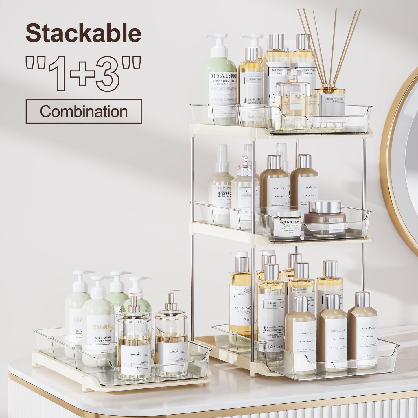 Delamu 2-Tier Multi-Purpose Bathroom Under Sink Organizers and Storage, Stackable Kitchen Pantry Organization, Pull Out Medicine Cabinet Organizer with Movable Dividers, Beige, 4 Pack