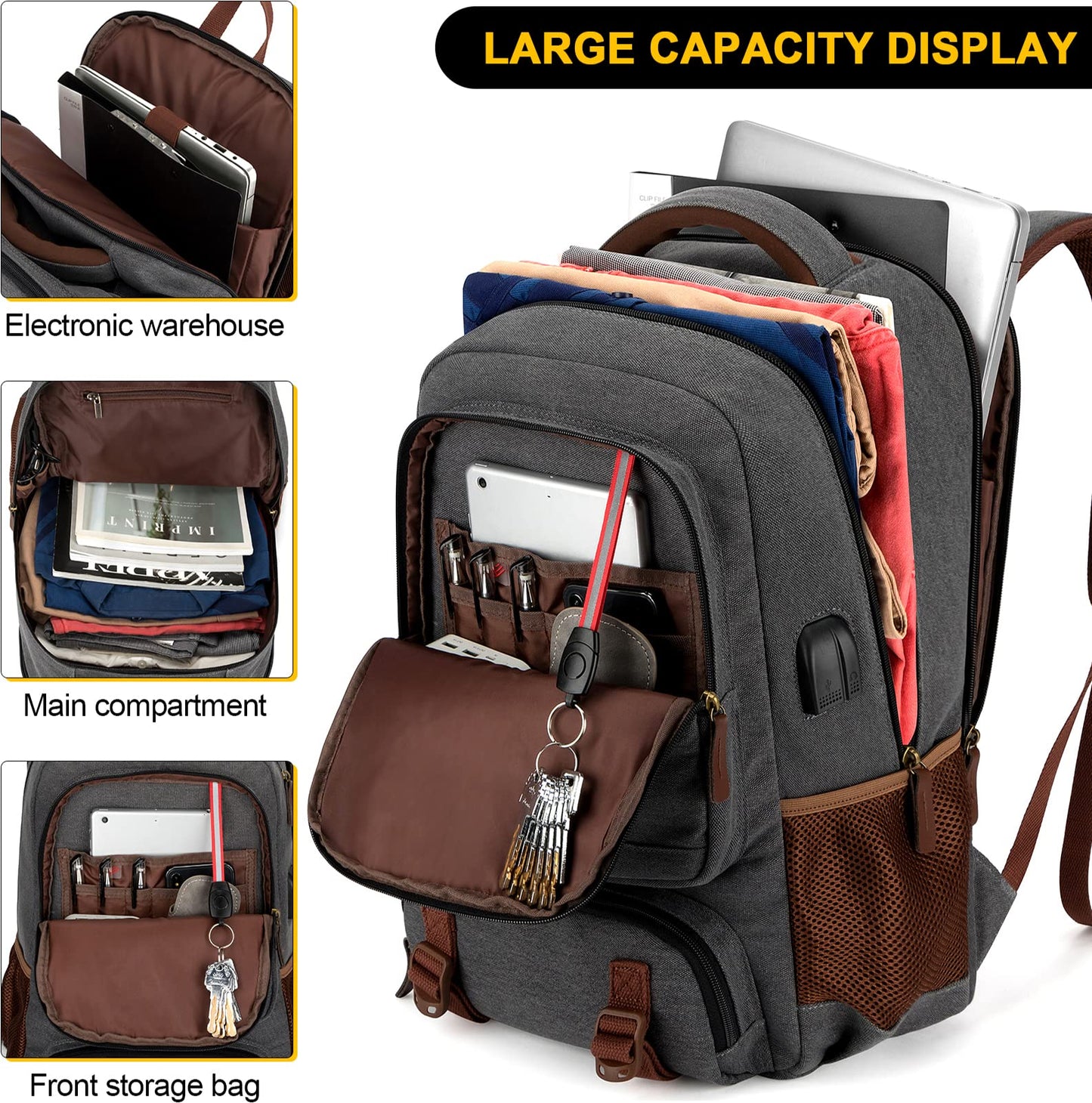 Tzowla Canvas Laptop Backpack, Bag for Men Women,Travel Work Rucksack Fits 17.3 Inch Laptop, Bookbag with USB Charging Port