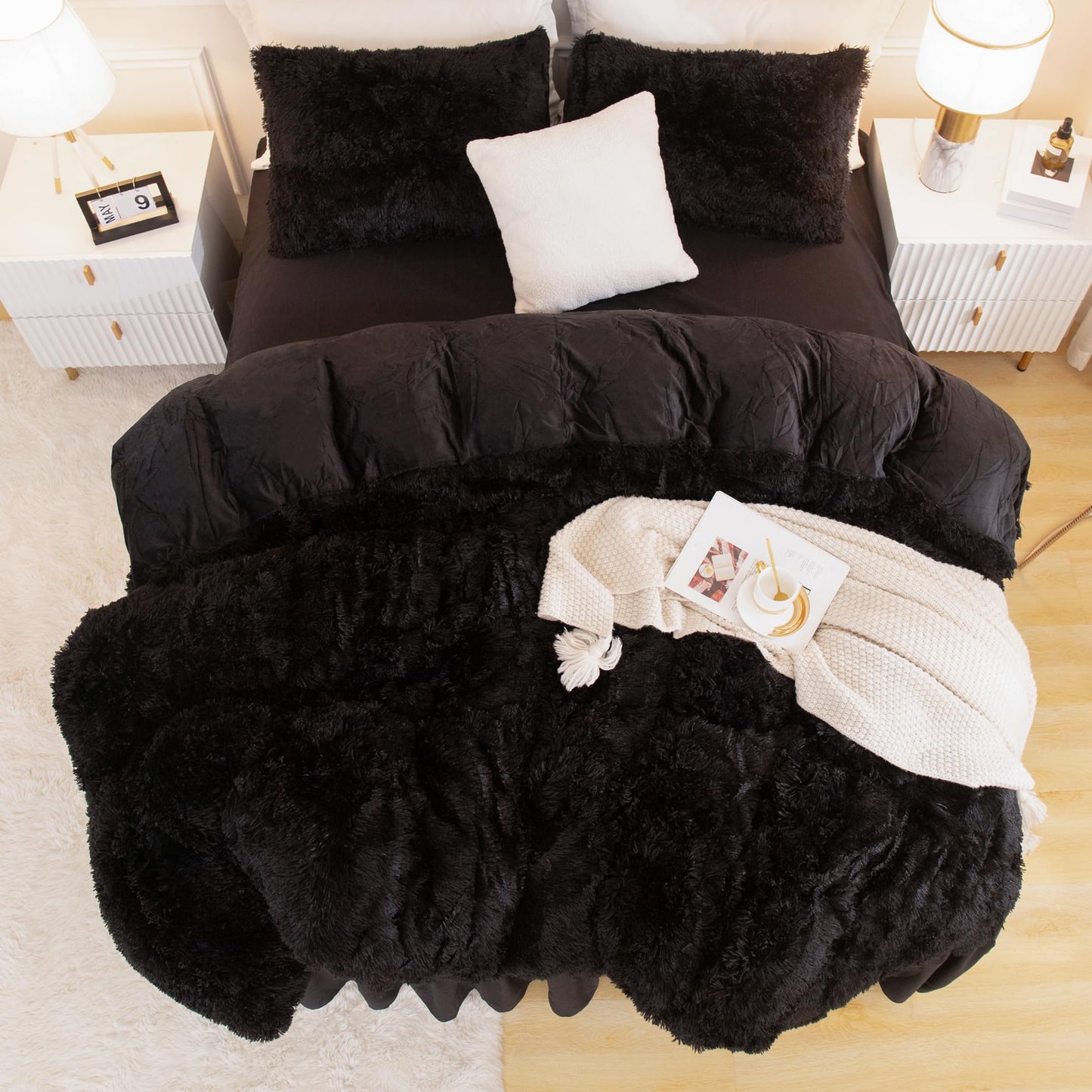 Andency Comforter Full Size Set Black, Fluffy Winter Faux Fur Warm Soft Plush Bedding Comforter Set (1 Velvet Comforter & 2 Pillowcases), Fuzzy Thick Heavy Puffy Comforters Bed Set