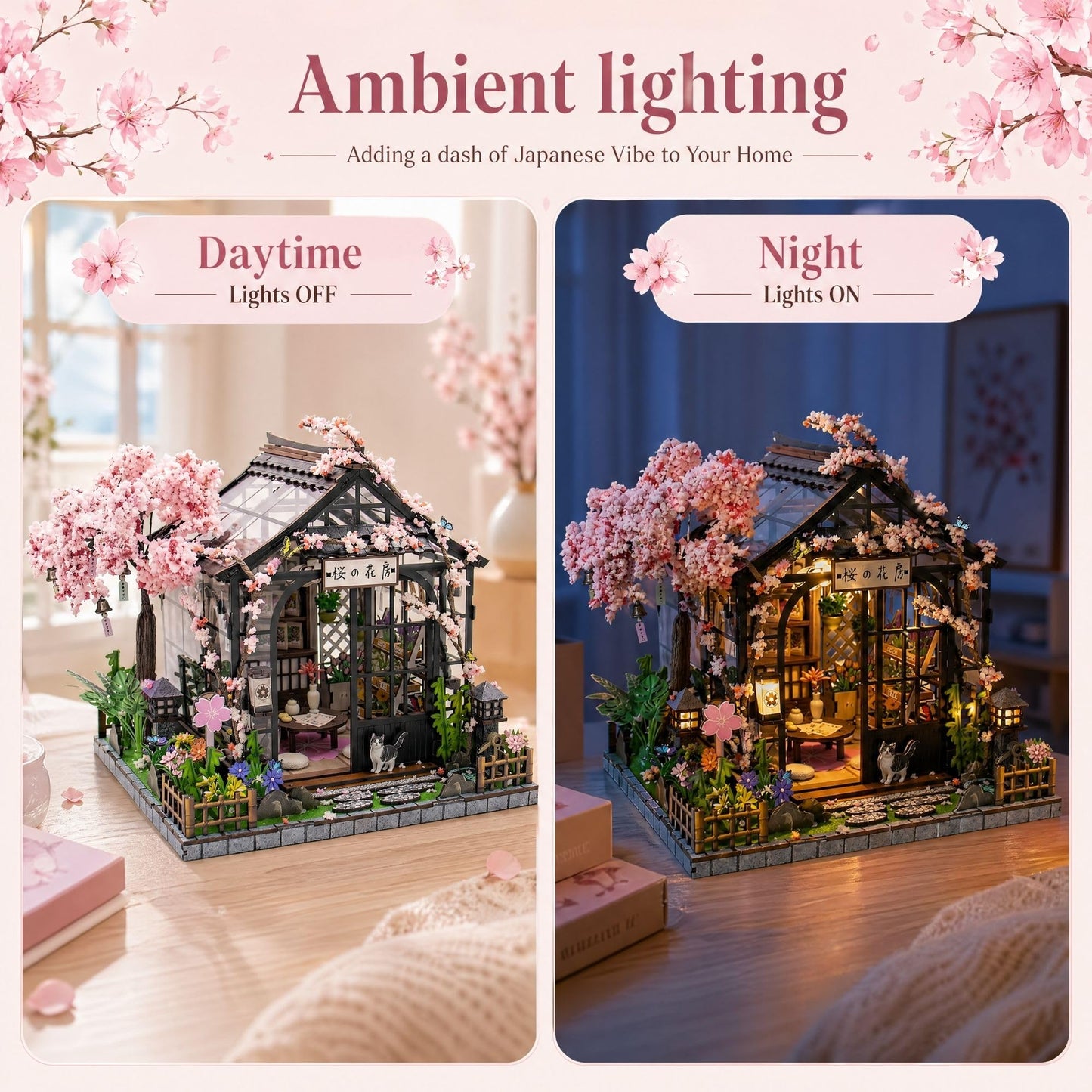 Soothee DIY Miniature House Kit, DIY Book Nook with LED Light, 3D Puzzles for Adults and Teens, Dollhouse for Bookshelf Decor, Tiny House Building Kits & Gift (Sakura Greenhouse)