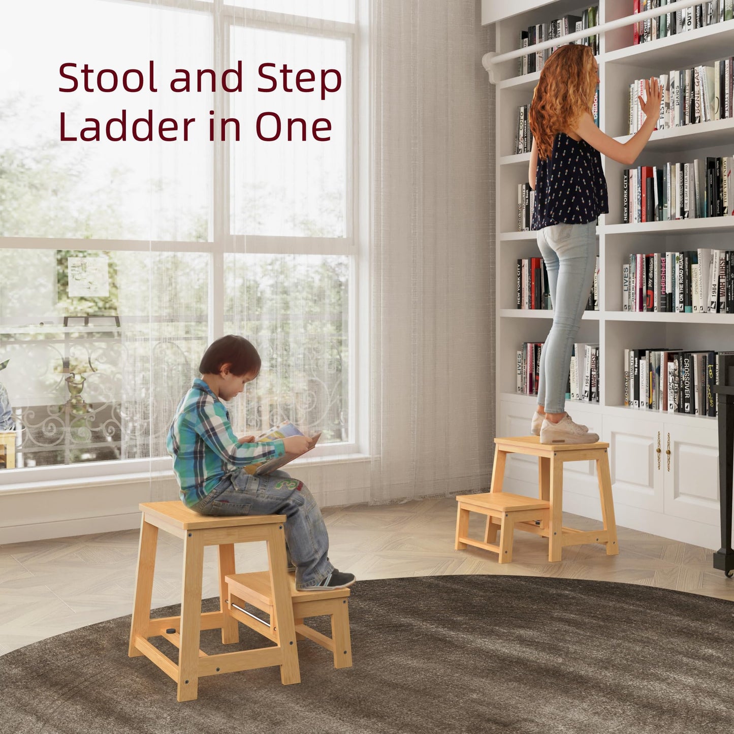 BEKVEM Bamboo Folding Step Stool with Sturdy Structure and Wide Stepping Surface for Safety, Multi-Purpose Foldable Step Ladder for Bathroom,Bedroom,Kitchen Step Stools for Kids & Adults, 400 lbs
