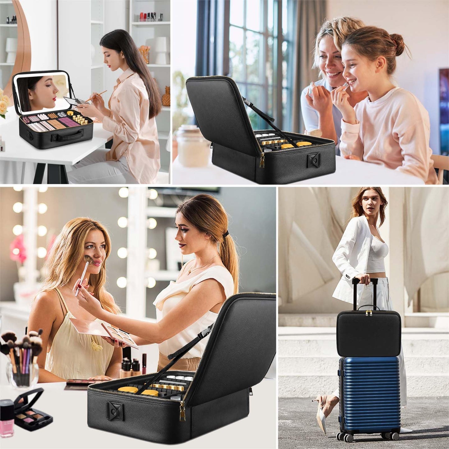 saiggnyy Large Travel Makeup Bag with LED Mirror, 3-Color Stepless Dimming Stand Mirror Detachable, with Adjustable Divider, Makeup Brush Holder Storage (Black)