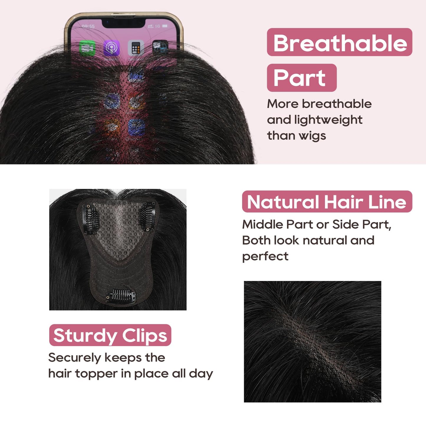 REECHO Real Human Hair Topper, 10 inch Women Hair Toppers for Thinning Hair, 100 Percent Human Hair Large Coverage Natural Hairpiece Wiglet, Swiss Base 4.5"x3.5", Silver White