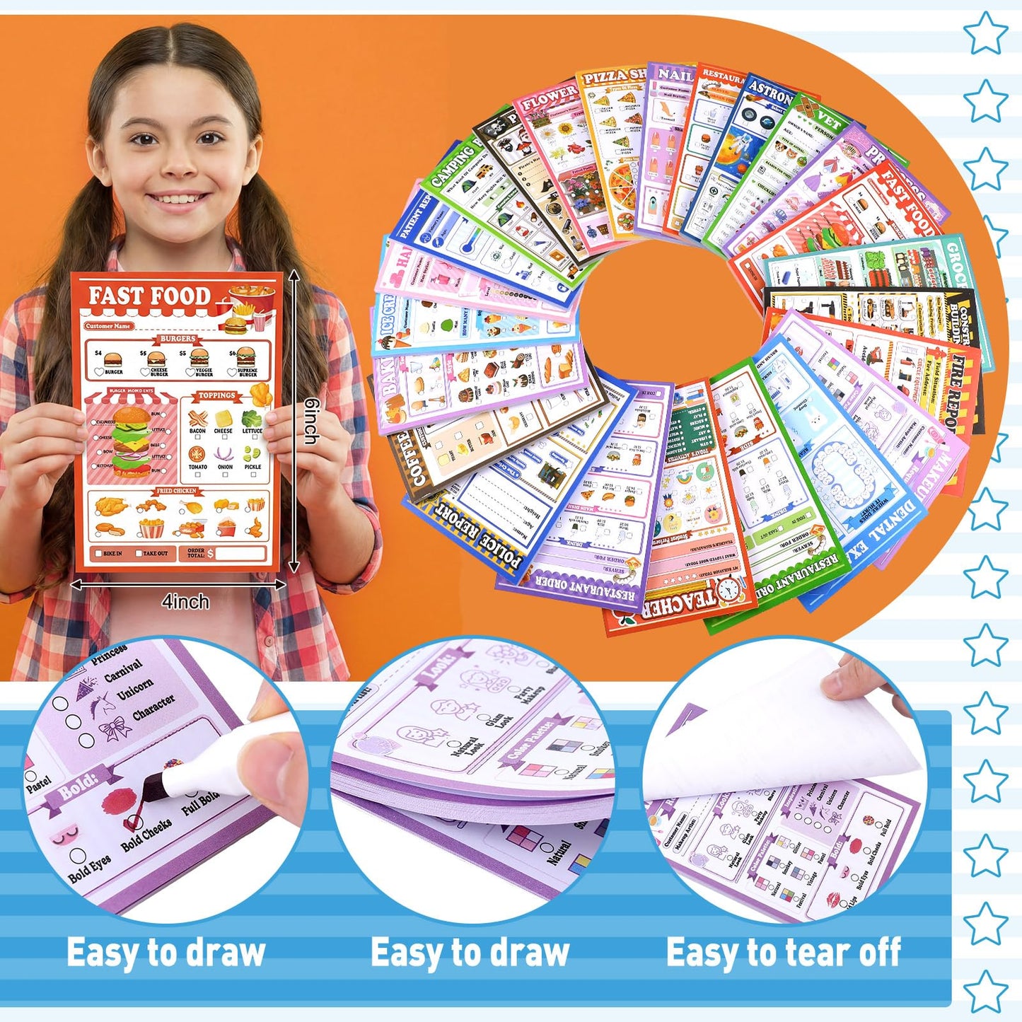 Eaasty Kids Pretend Play Notepads 4 x 6 Inch Pads for Kids 40 Pages Pretend Notebooks Imaginative Role for Toddlers(24 Pack,Mixed)