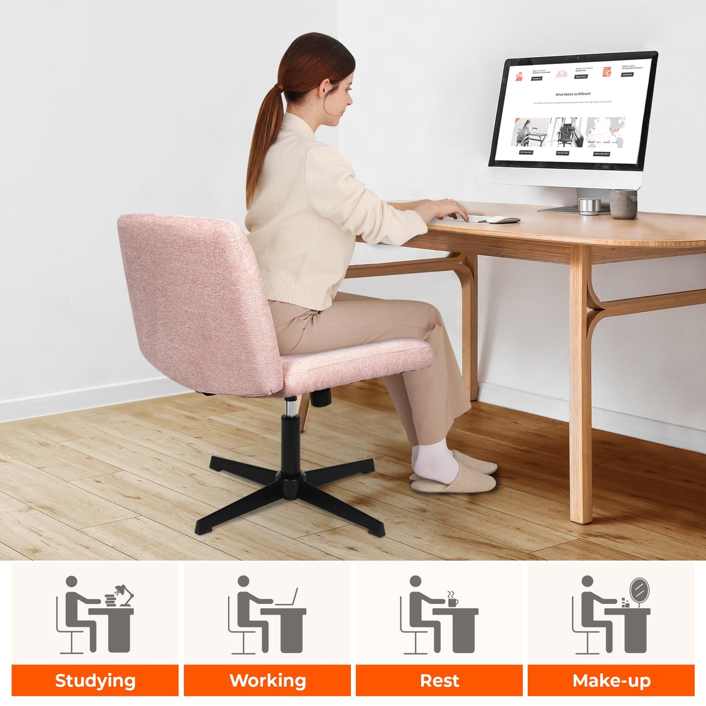 NEO CHAIR Criss Cross Chair No Wheels Armless Cross Legged Office Desk Wide Comfy Vanity Makeup Chair Adjustable Computer Task for Home Office Fabric (Pink)