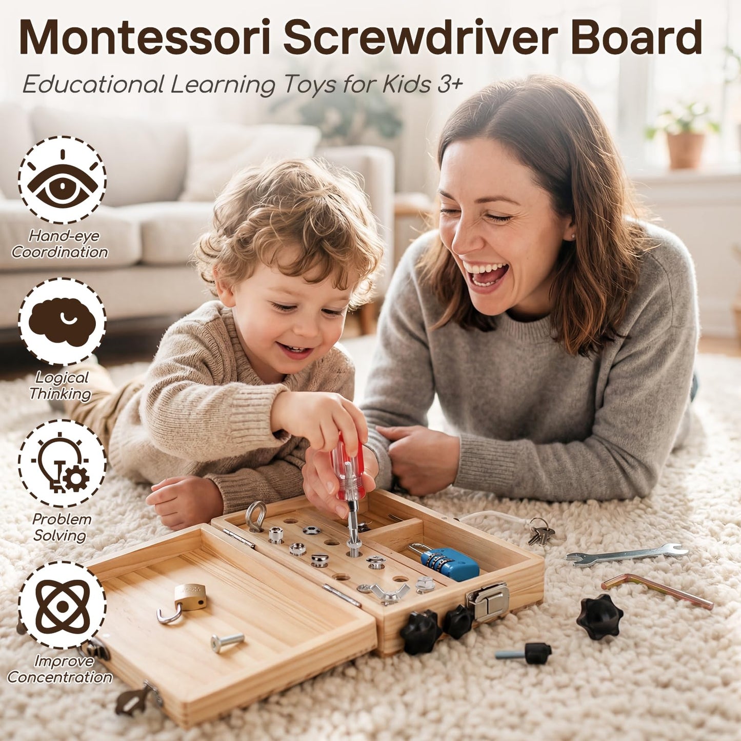 Lehoo Castle Montessori Toys for 3 4 5 Year Old Boys Girls, Wooden Screwdriver Board Set with Anti-Lost Keys & Real Locks, Fine Motor Skills Toddler Travel Toys & Kids Tool Kit