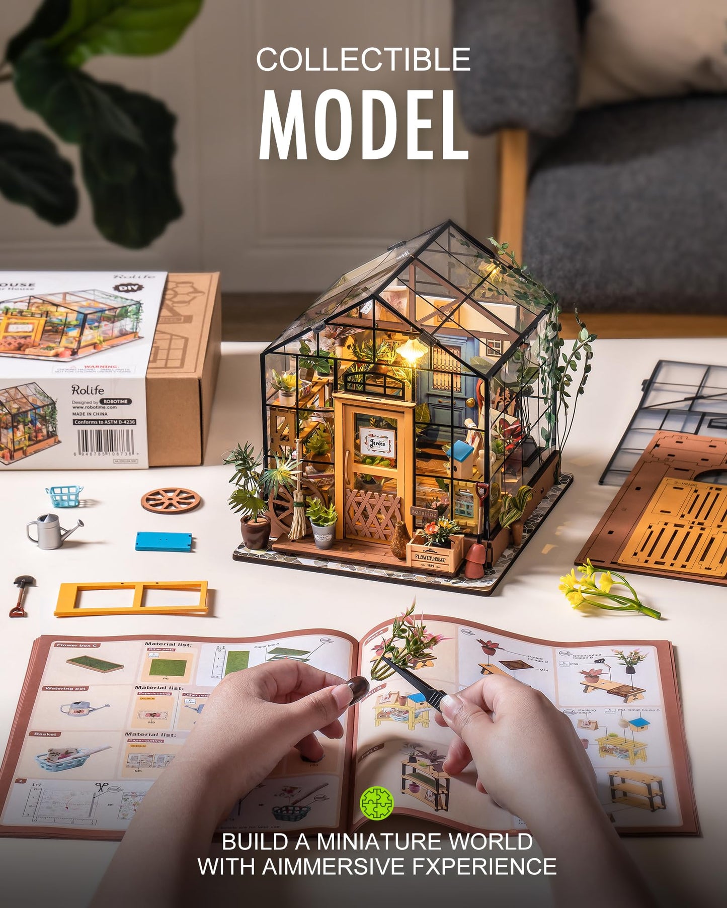 Rolife DIY Miniature House Kit Greenhouse, Tiny Home Kit for Adults to Build, Mini House with Furnitures, Halloween/Christmas Decorations/Gifts for Family and Friends (Cathy's Greenhouse)