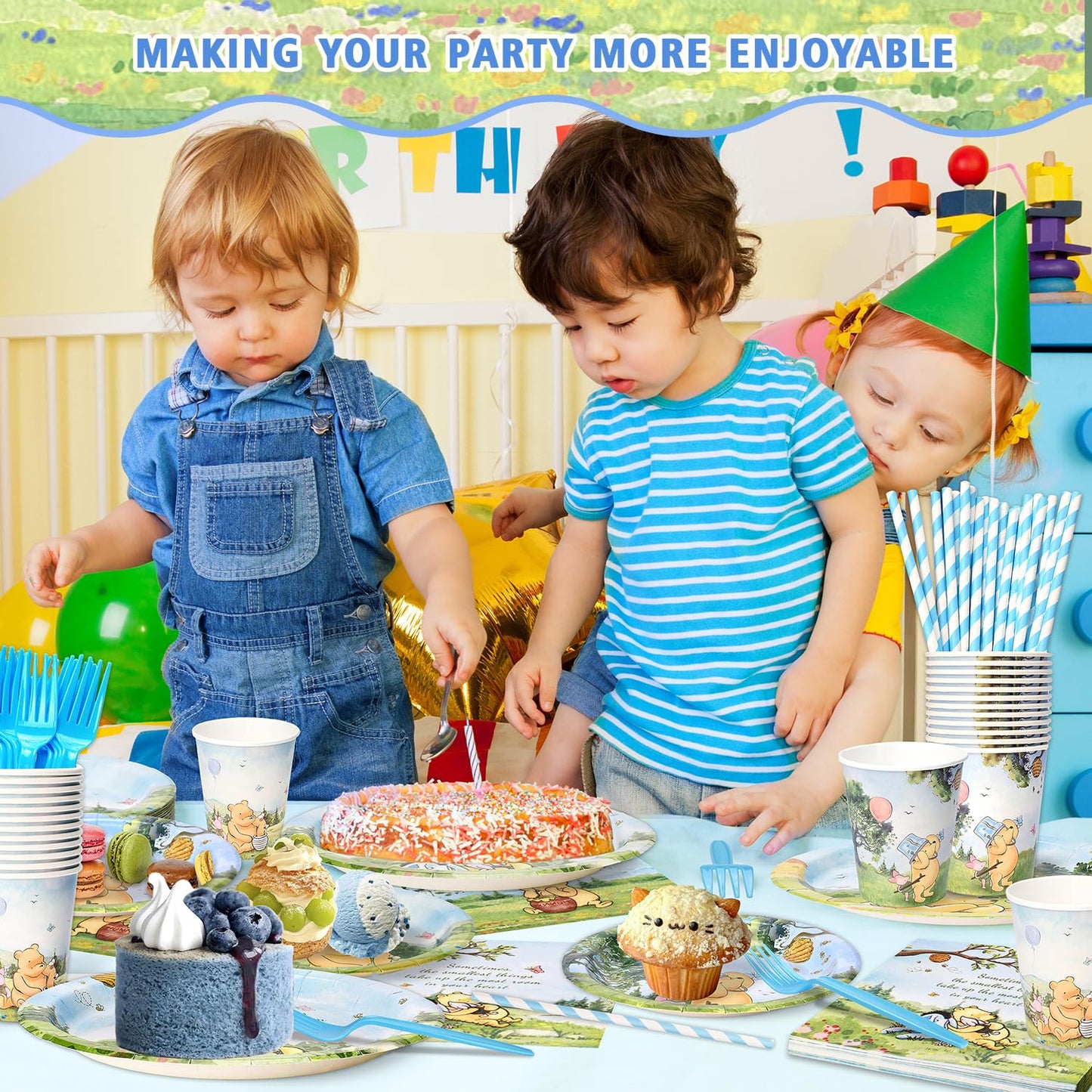 Vistico 300 Pcs Winnie Bear Baby Shower Plates and Napkins Tableware Set, Plates Napkins Cups Straws and Forks Sets, Winnie Baby Shower Decorations Birthday Party Supplies, Serves 50 Guests