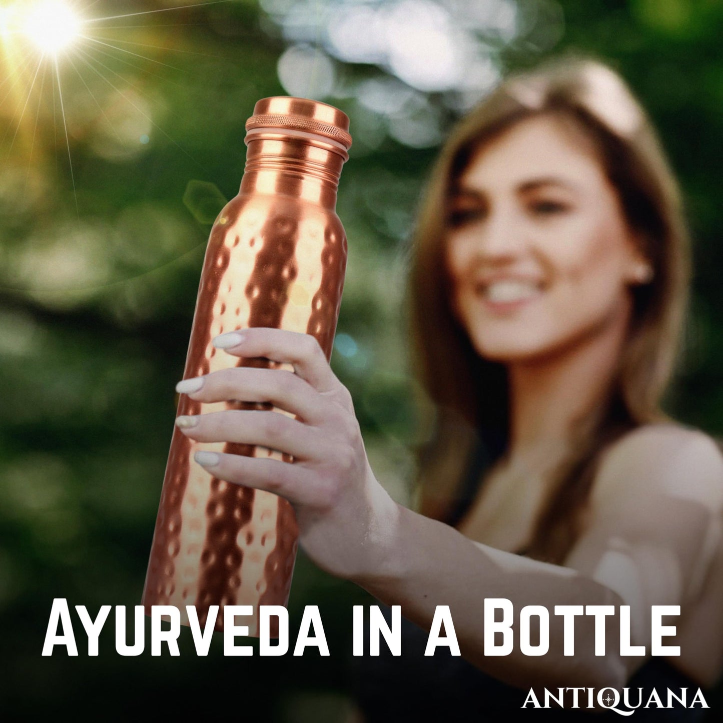ANTIQUANA 34 Oz Pure Copper Water Bottle Set – Leak-Proof Hammered Design with Tumbler, Carrying Bag & Smooth Finish Decorative – Copper Home Decore