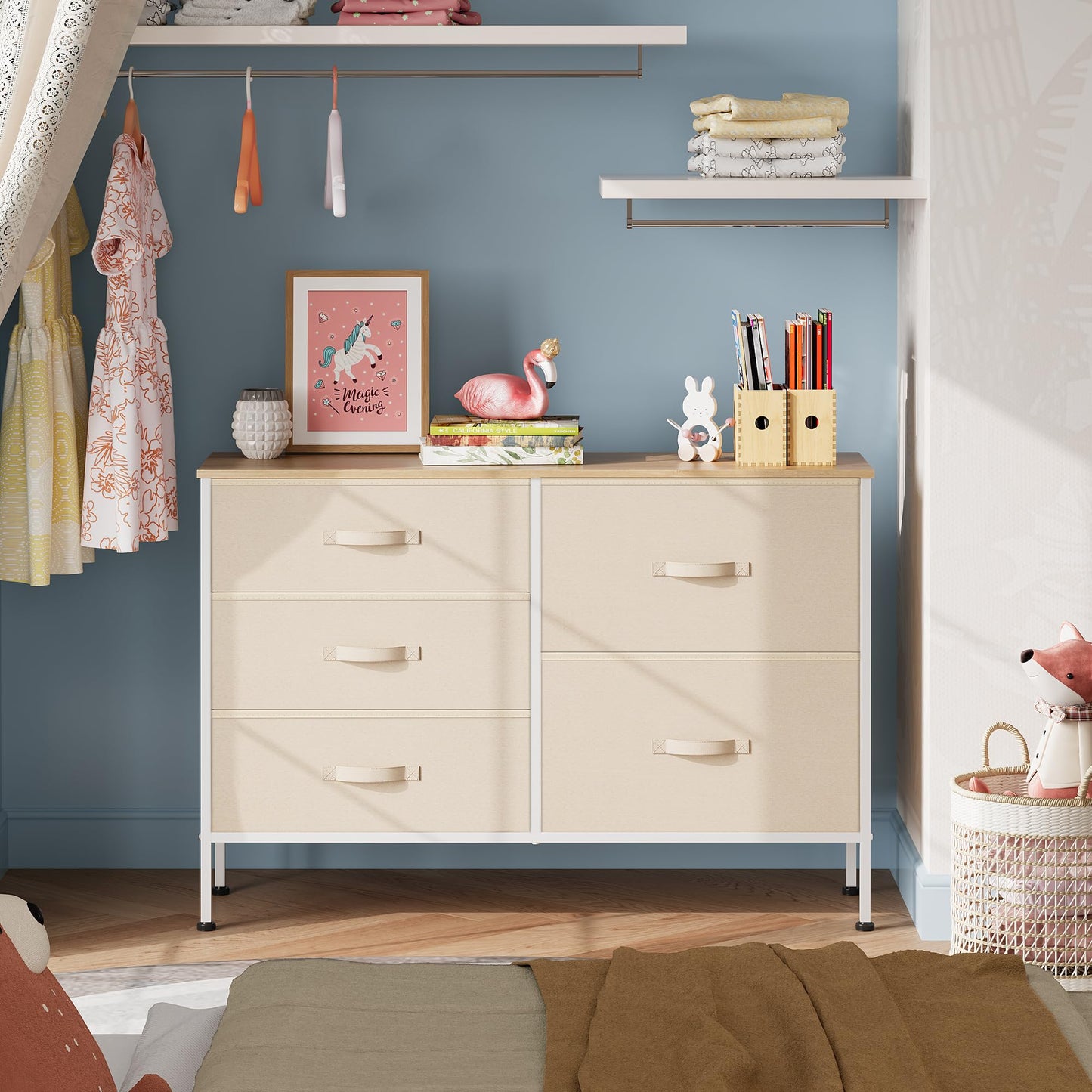 WLIVE Dresser for Bedroom with 5 Drawers, Wide Chest of Drawers for Bedroom, Fabric Dresser for Living Room, Closet, Hallway, Cream White