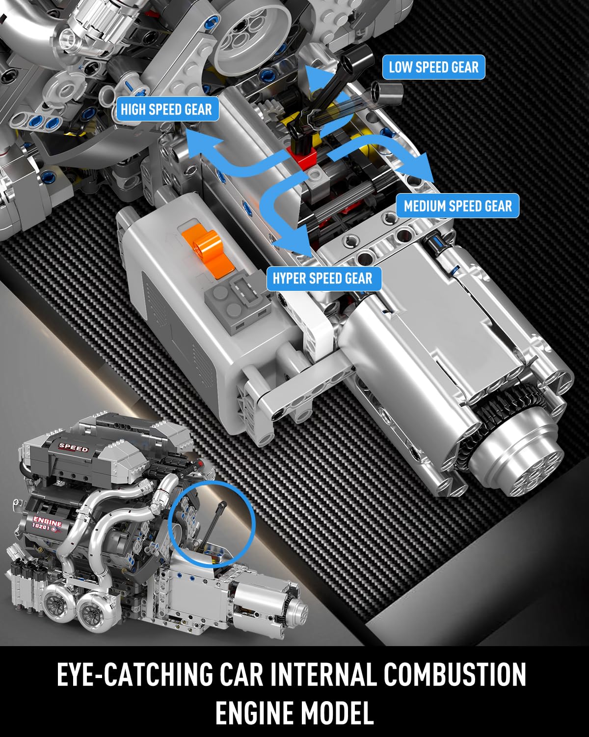 Mould King 10201 W16 Engine Model Kit, MOC Bug Supercar Engine Model with Battery and Motor, Collectable 16-Cylinder Car Engine Transmission, Shiftable Gear Operation for Kids/Adults (2024+ PCS)
