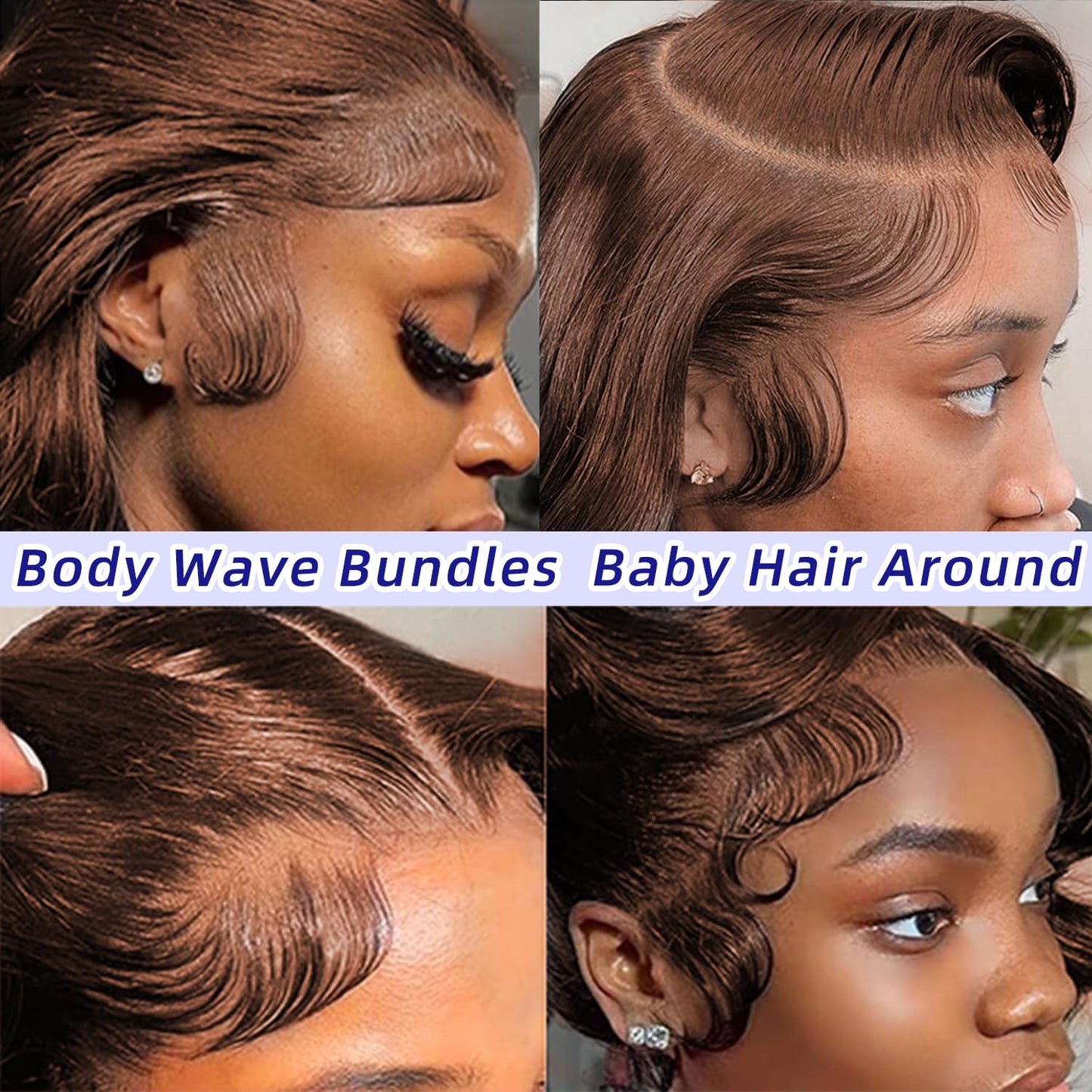 LUXEDIVA 12A Body Wave Bundles Human Hair 16 18 20 Inch Brown Human Hair Bundles 100% Unprocessed Indian Virgin Hair 3 Bundles Deal Weave Dark Brown Hair Extensions with Edges Stripes Baby Hair
