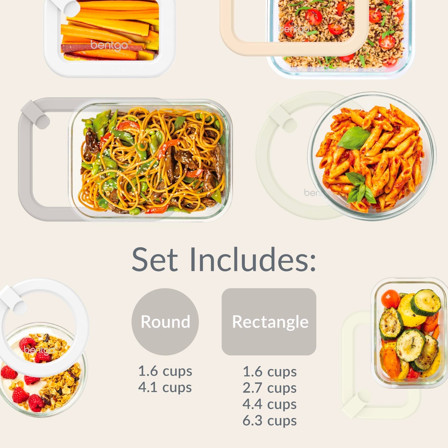 Bentgo Signature Leak-Proof Glass Food Storage - 12-Piece Set, 1-Compartment Plastic-Free Containers with Airtight Glass Lids, BPA-Free, Microwave, Freezer, Oven & Dishwasher Safe (White Stone)