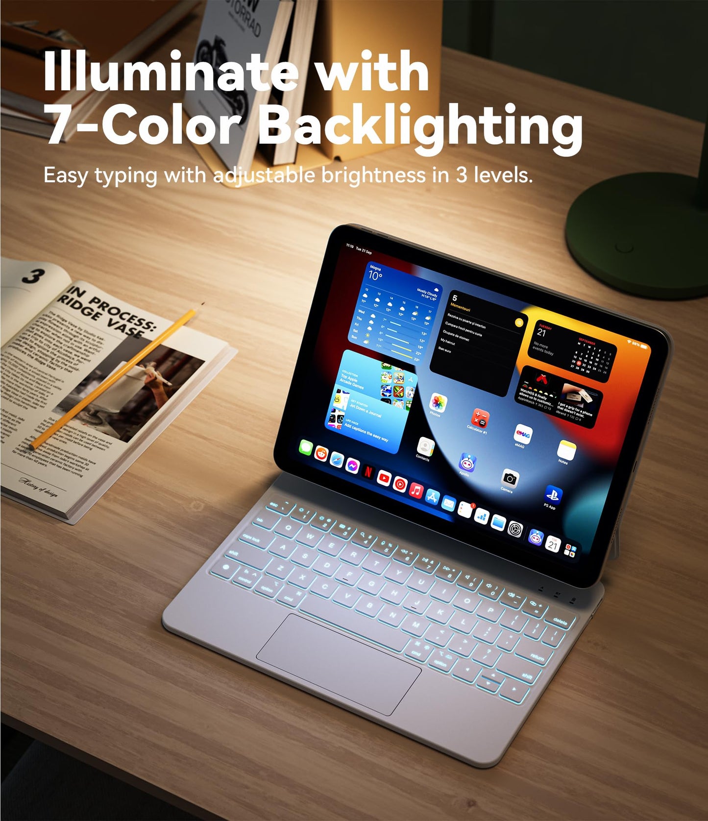 GreenLaw for iPad 10th Generation Case with Keyboard, Magic-Style Keyboard Stand, 7 Color Backlit, Stain-Resistant Surface, Multi-Touch Trackpad, for iPad 10th Generation Keyboard 10.9" 2022, White