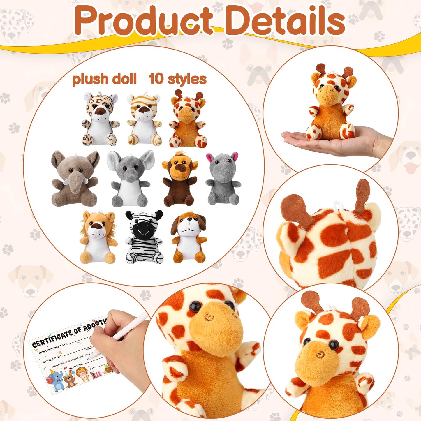 Guiqulai 40Pcs Adopt A Pet Party Favors Mini Stuffed Animals Plush Toy Set Includes 10Pcs Safari Jungle Animal Plush Toys, Birthday Hats, Kraft Paper Boxes, Adoption Cards for Adopt A Animal Party