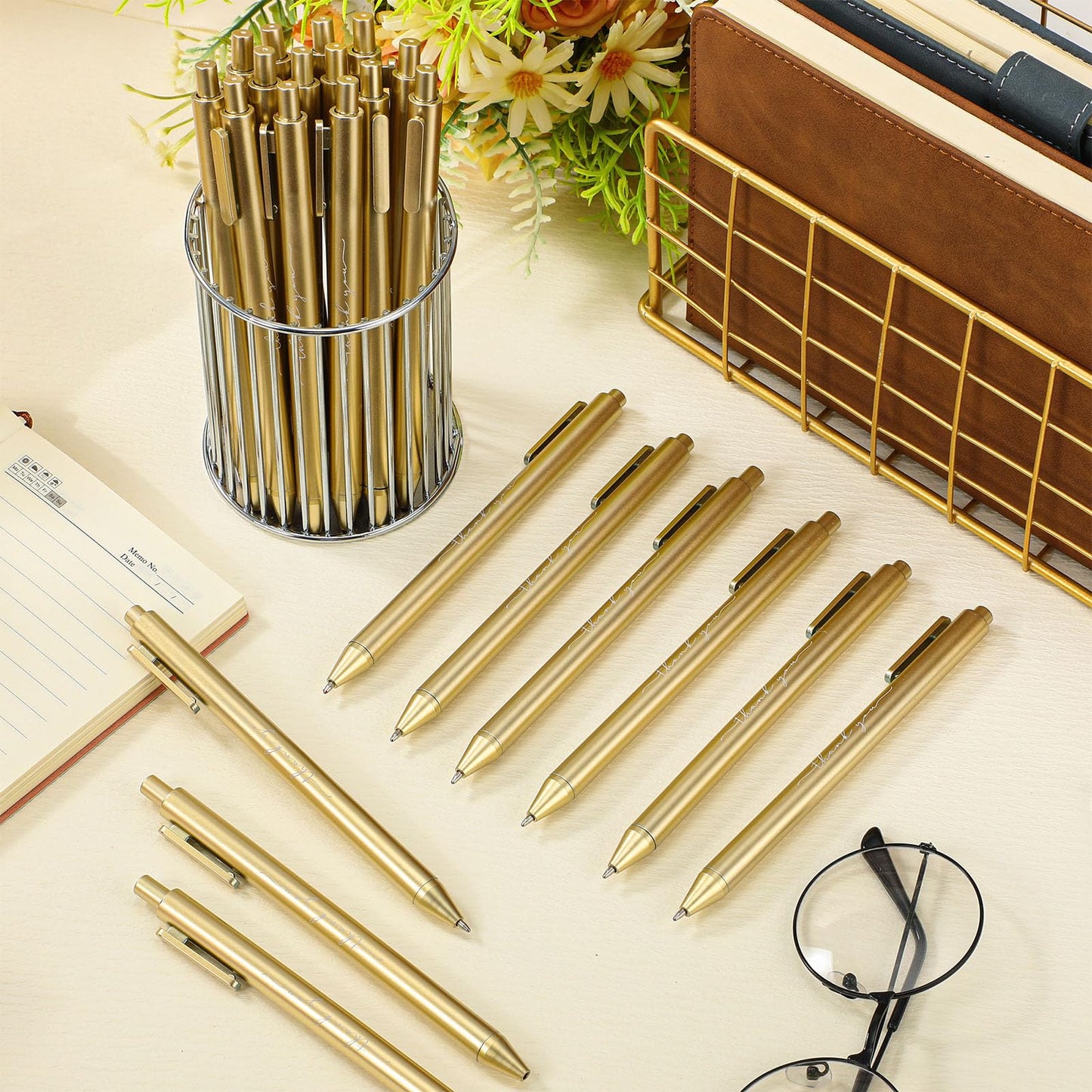 Dispowreath 100pcs Thank You Pens Bulk Cute Multicolor Ballpoint Pen for Server Employee Appreciation Gifts for Wedding Teacher Coworker Office Staff Team Nurse Graduation Baby Shower Party (Gold)