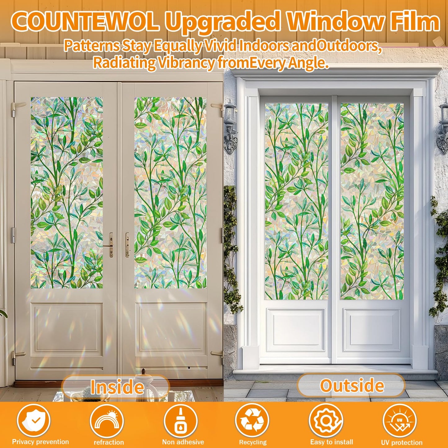 Countewol Window Privacy Film Stained Glass Window Film Rainbow Window Film Window clings Non-Adhesive Reusable Decorative for Room (Leaf Rainbow, 35.4 x 157.4 in)