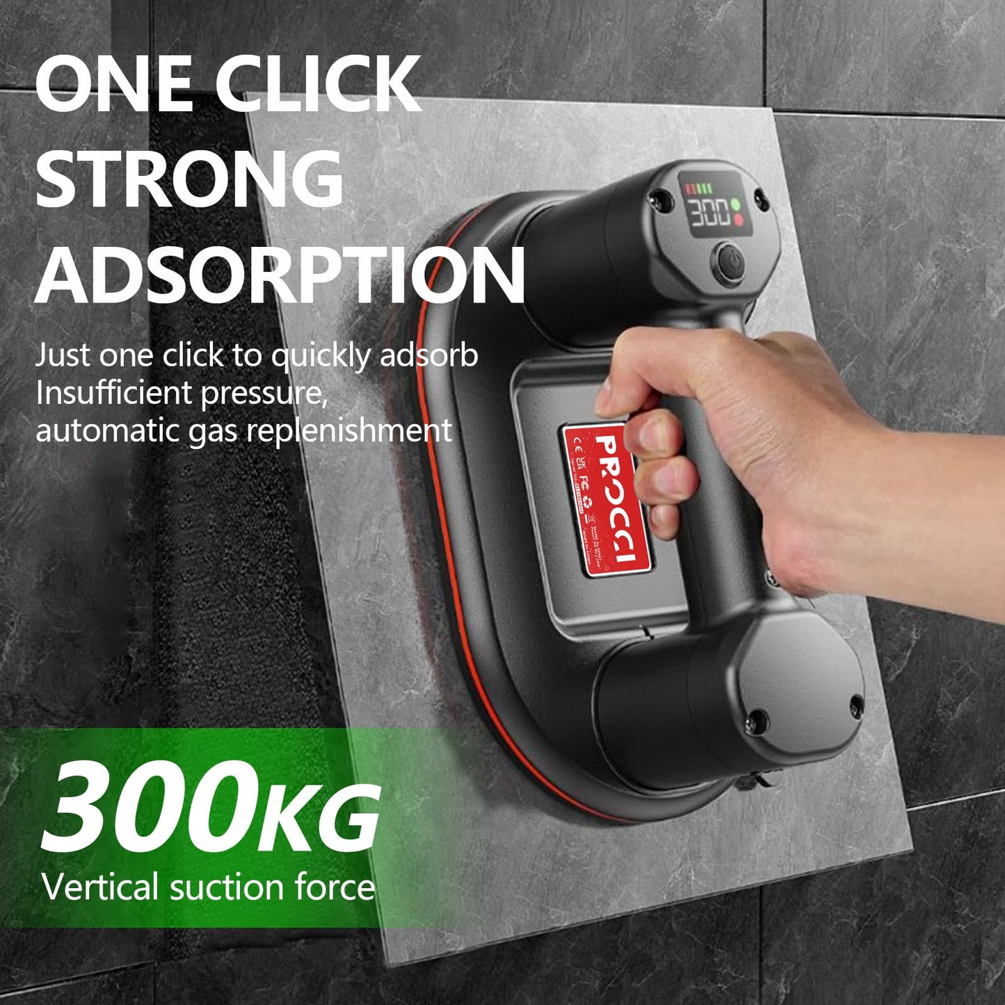 Battery Suction Cup,10 in Diameter, 2 Brushless Motors, 300 KG / 660 lbs Suction Power, LCD Display for Suction Power & Battery Level, 4000 mAh Battery, 10h Runtime