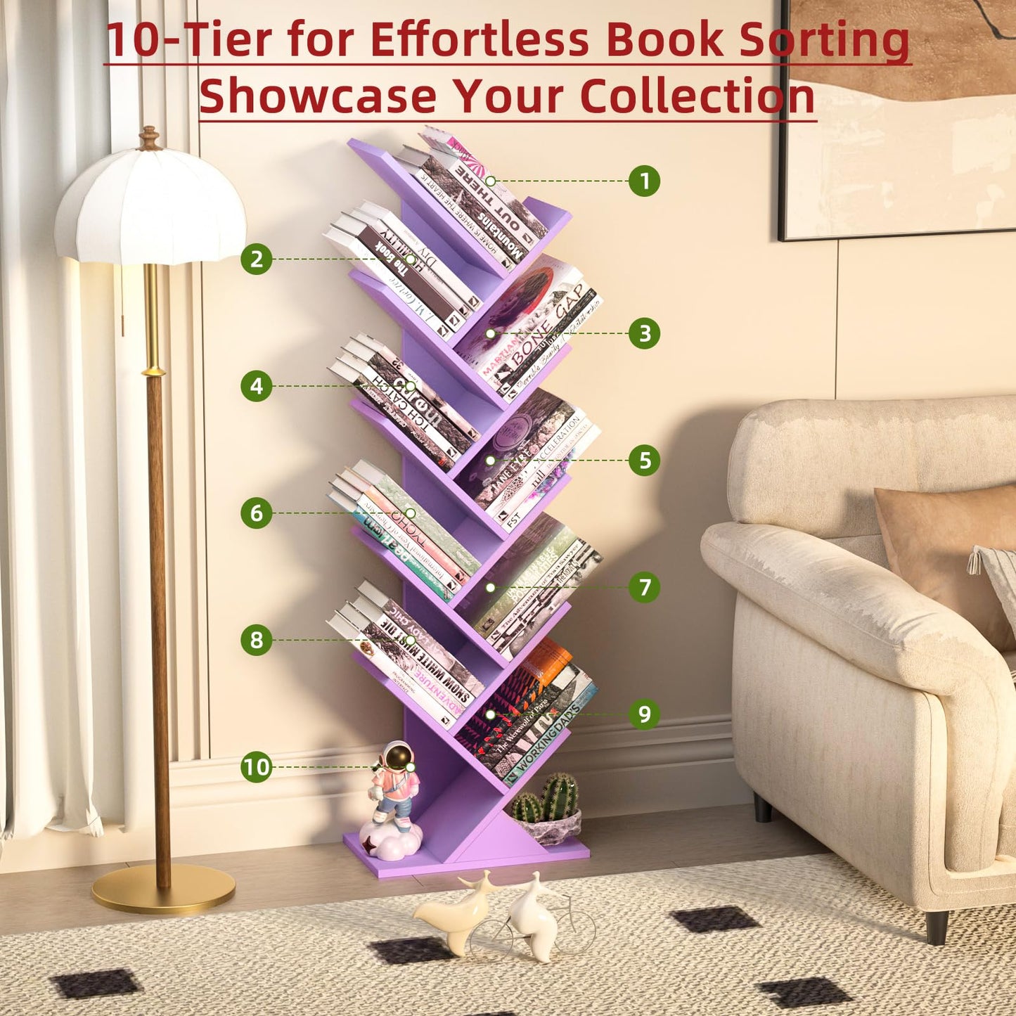 10 Tier Tree Book Shelf, Floor Standing Wood Bookshelf for Narrow Space, Storage Organizer Bookshelves for Books/CDs/Magazine, Bookcase with Shelves for Home Office, Living Room-Dream Purple