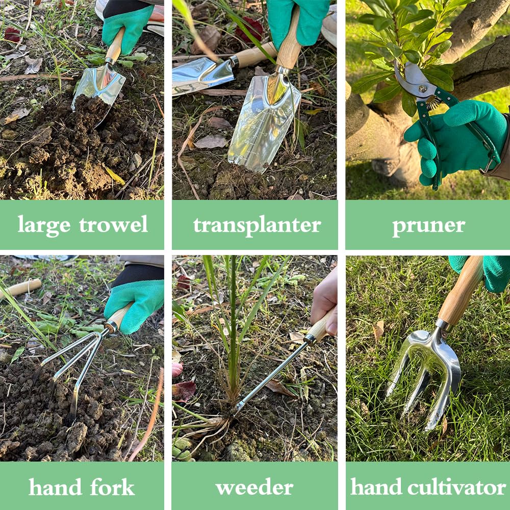 Garden Tool Set of 10 Pieces, Heavy-Duty Stainless Steel Gardening Hand Tools with Repotting Mat and Grow Bags, Gardening Tool Set with Durable Gardening Bag, Ideal Gardening Gifts for Women Men