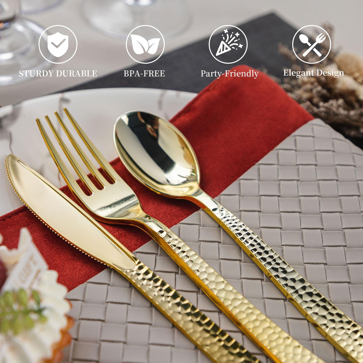 Pryntono 360PCS Gold Plastic Silverware, Heavy Duty Plastic Cutlery Set, Disposable Utensils, 120 Forks, 120 Spoons and 120 Knives for Party, Wedding and Events