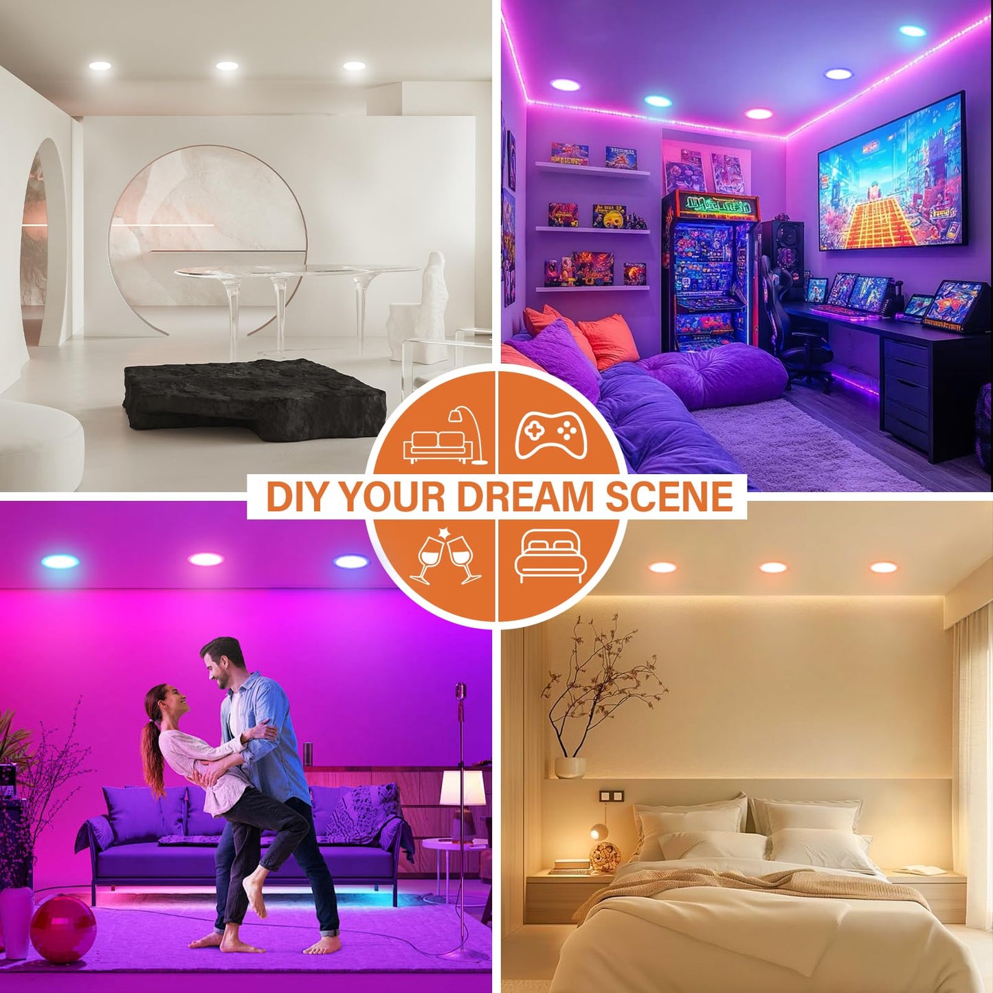 12Pack Smart RGB Recessed Lighting 6Inch,Ultra-Thin Canless LED Downlight, 2.4GHz Wi-Fi Bluetooth Direct Connect, 2700K-6500K,12W,1080LM,Work with Tuya App, Alexa,Google Assistant, Music Sync