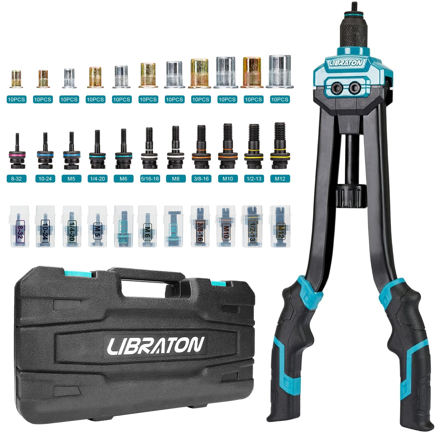 LIBRATON 16" Rivet Nut Tool, Rivet Nut Gun, Hand Rivet Nut Setter with 110PCS Rivet Nuts, 11PCS Metric & SAE Interchangeable Mandrels and Carrying Case, Easy Replace