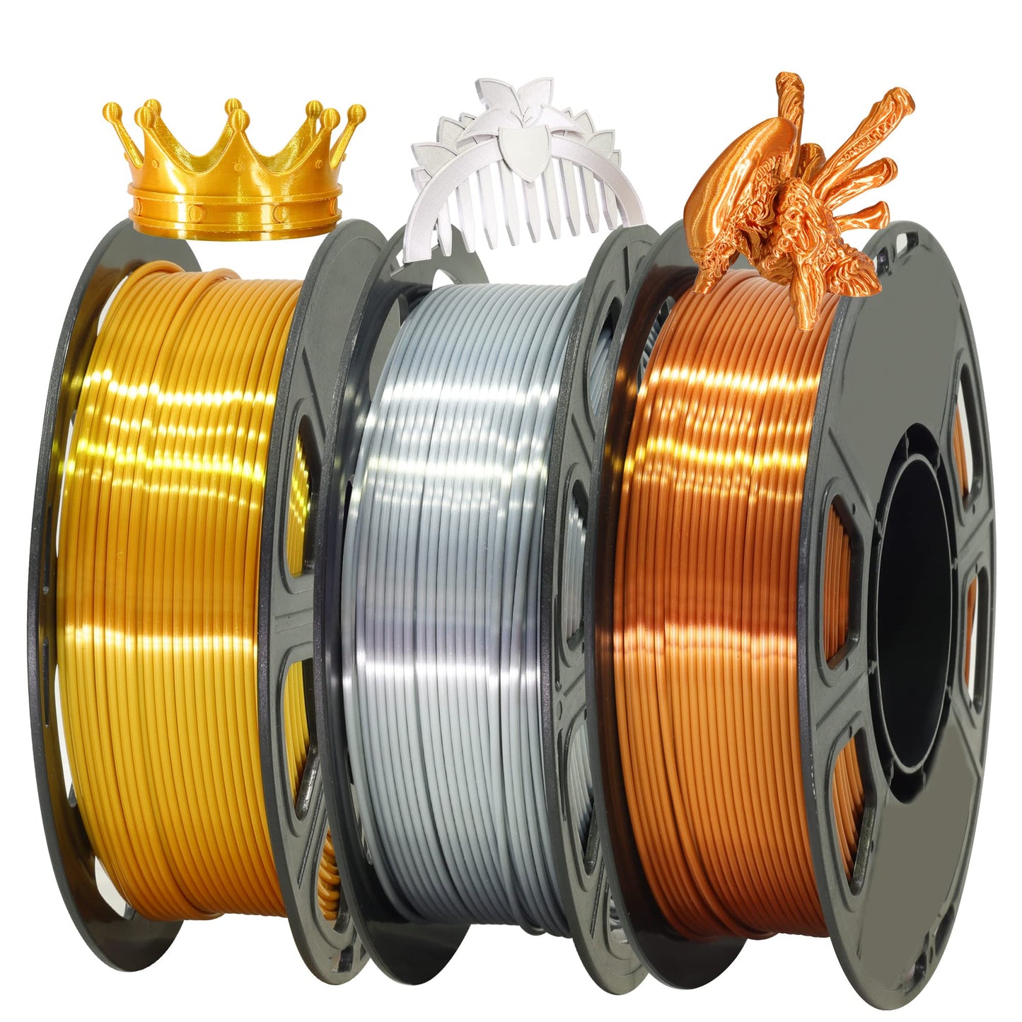 Shiny Silk Gold Silver Copper PLA Filament Bundle, 1.75mm 3D Printer Filament, Each Spool 0.5kg, 3 Spools Pack, with One 3D Printer Remove or Stick Tool MIKA3D