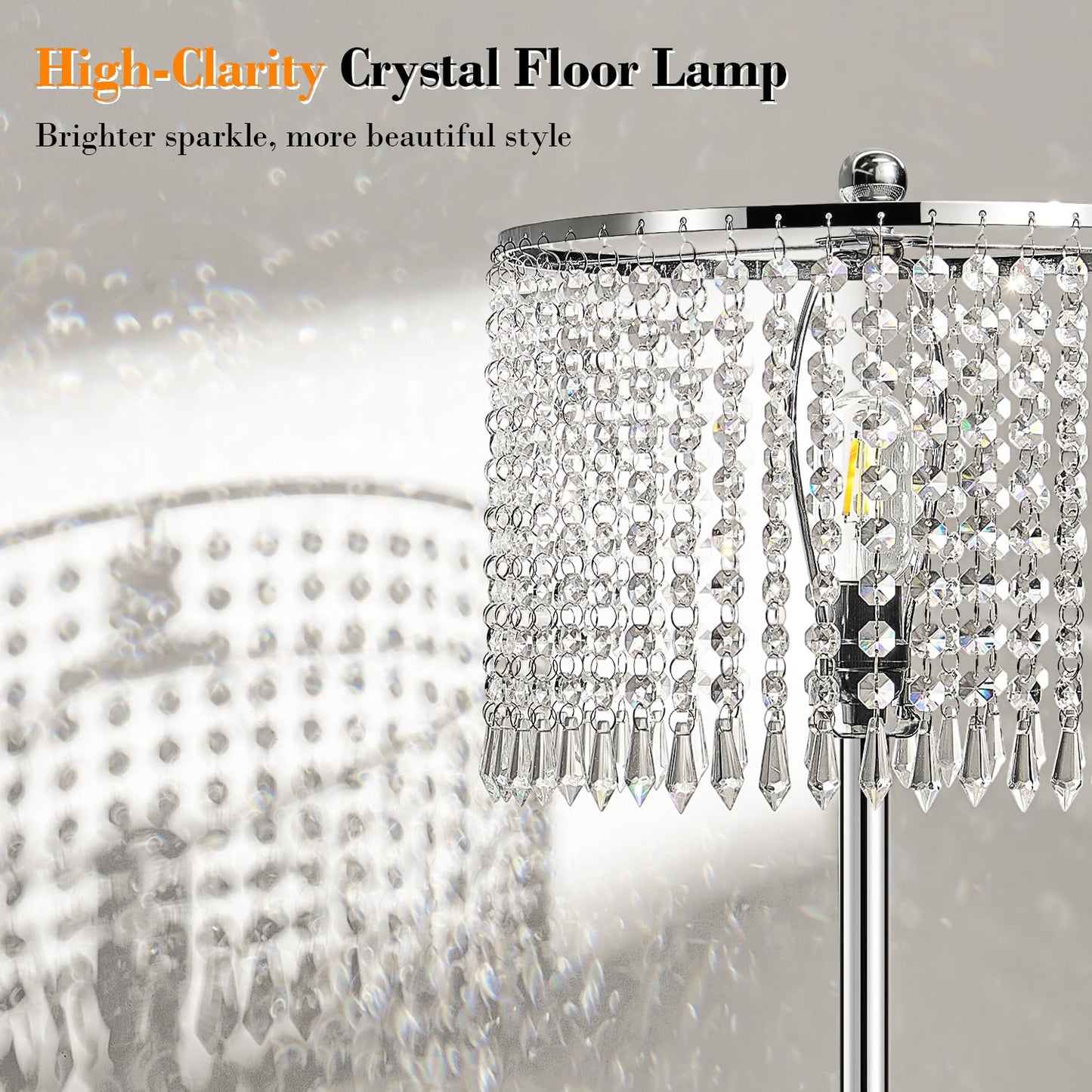 Yemela 【Upgraded】 Dimmable Crystal Floor Lamps for Living Room, 1000LM LED Bulb Included, Standing Lamp with Knob Switch, Tall Silver Modern Floor Lamp for Bedroom Nursery Office Reading