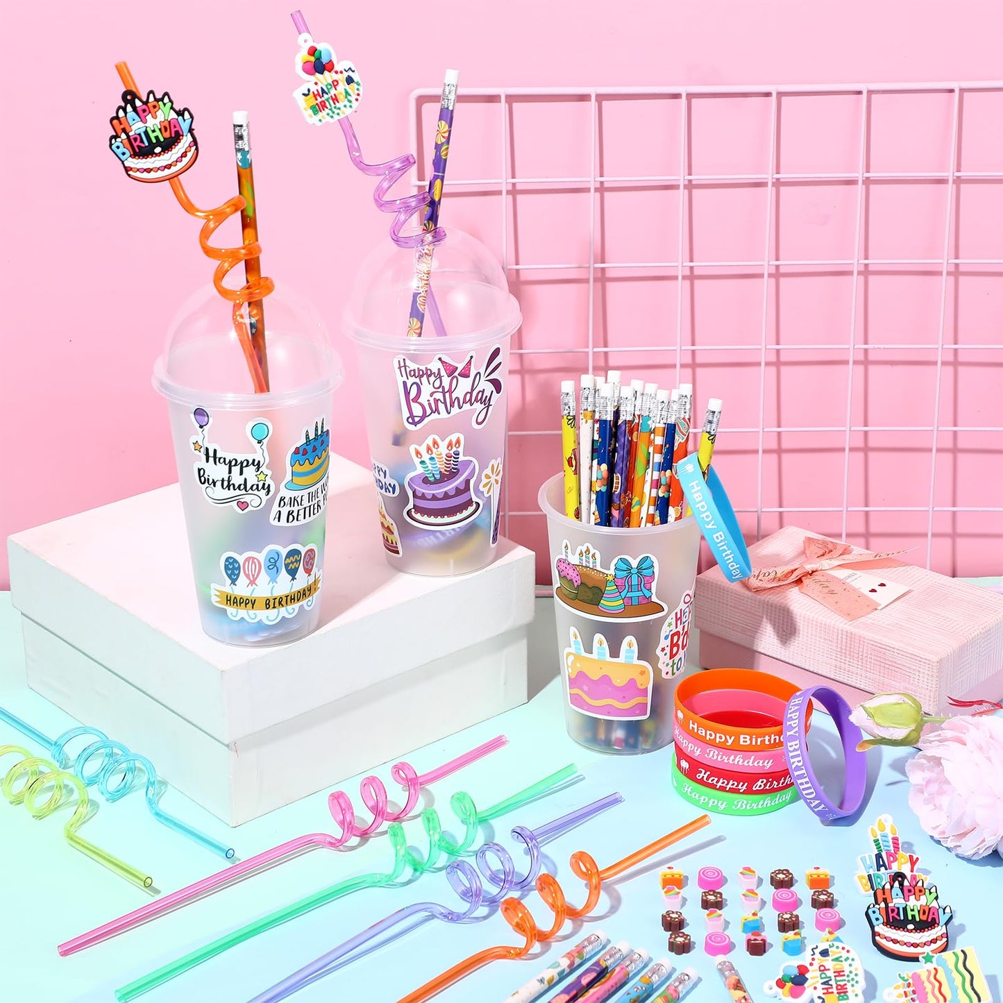 Baderke 24 Sets Birthday Gifts Party Favors Set Include Reusable Cups with Dome Lids Straw Decoration Pencil Heart Eraser Silicone Bracelet Stickers (Style A)