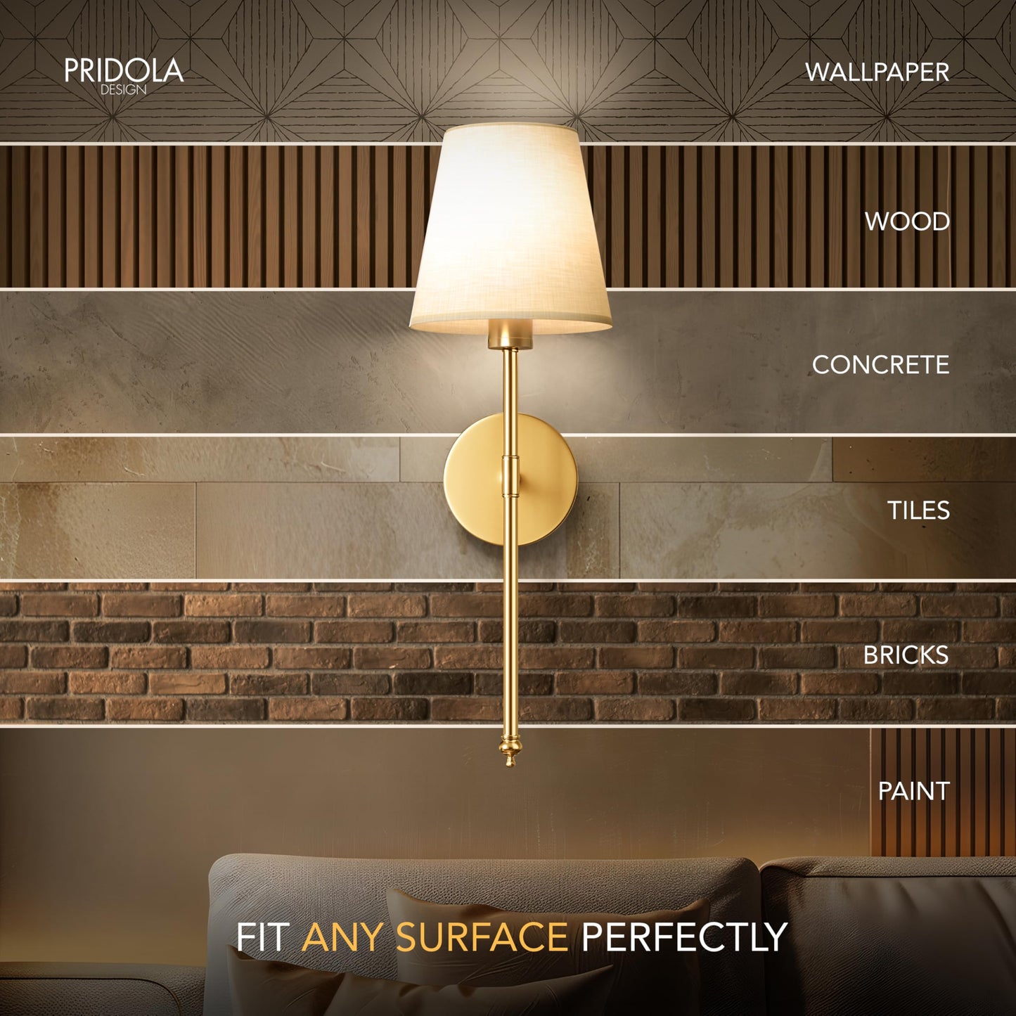 PRIDOLA Set of 2 Wireless Wall Sconces Peel & Stick with Adhesives for Easy Installation with Rechargeable LED Bulbs, Remote Controlled, Adjustable Brightness & Warmth, Living Room Wall Decor (Gold)