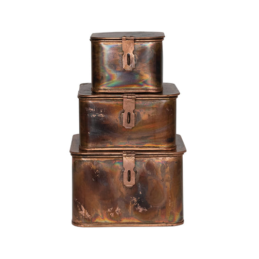 Creative Co-Op Decorative Metal Boxes with Lid, Burnt Copper Finish, Set of 3