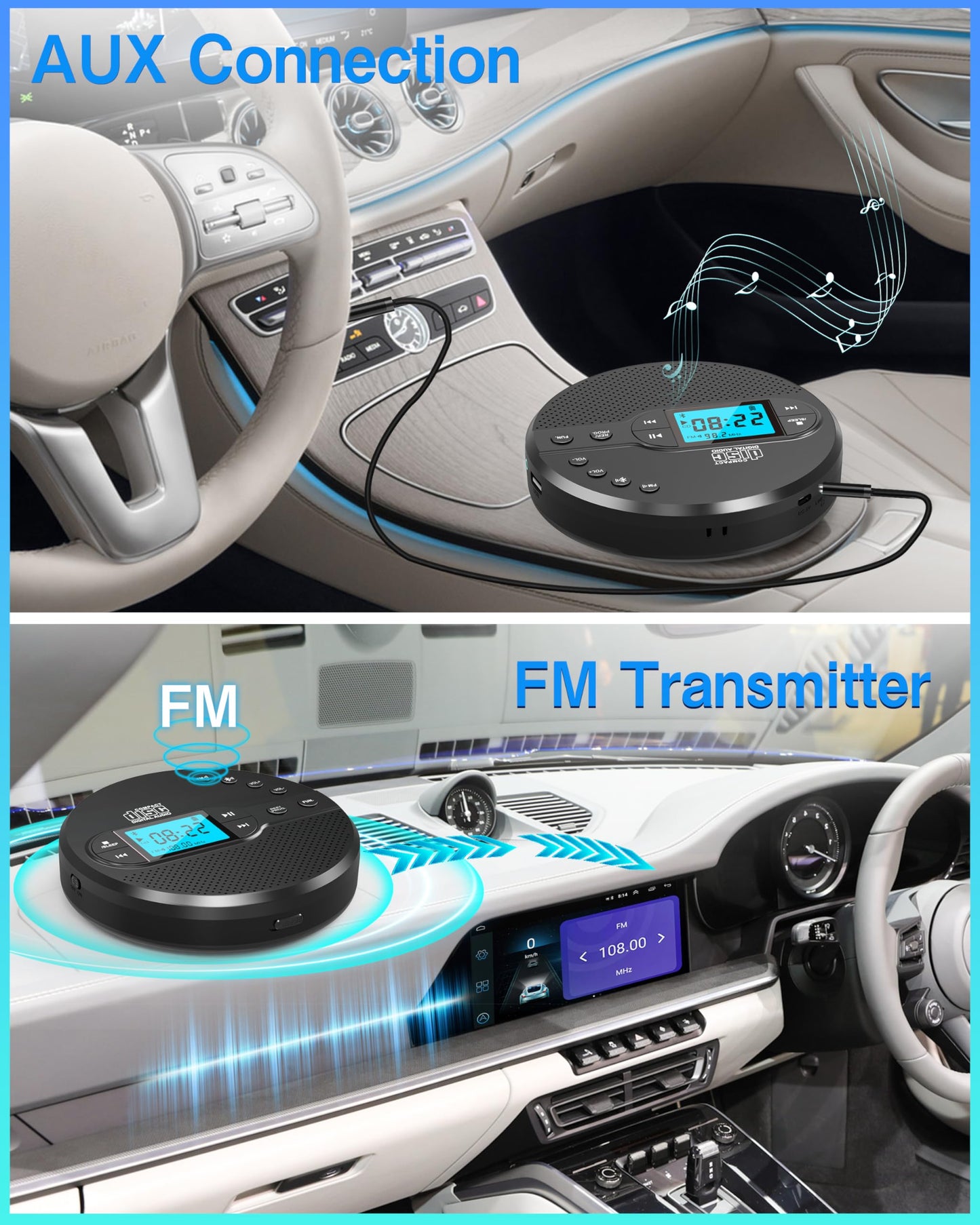Sunoony Portable CD Player with Bluetooth, Walkman CD Player with FM Transmitter and Speakers for Car, Rechargeable Discman CD Player with Anti-Skip Protection, Headphones, LCD Display (Black)