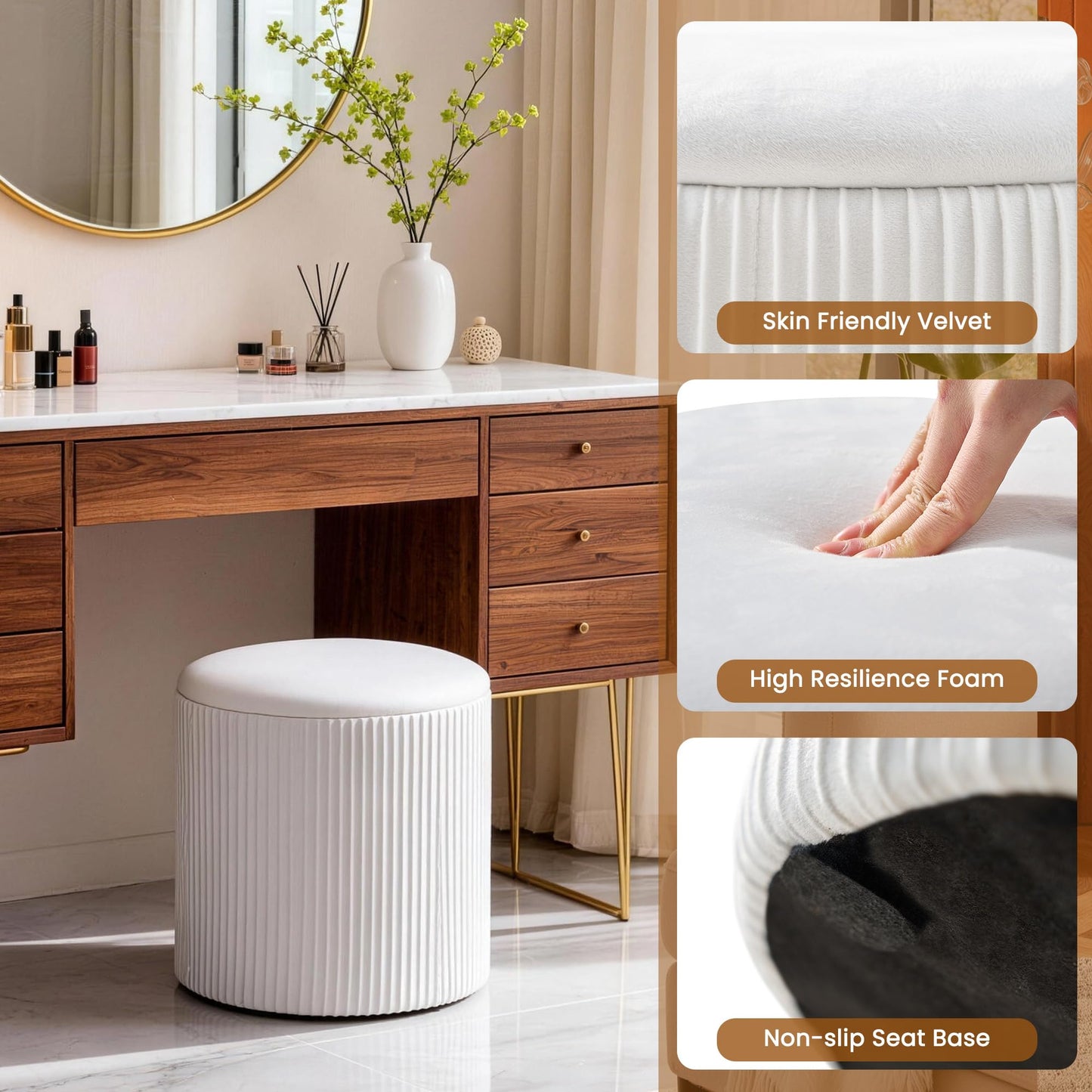 Canpsky White Vanity Stool Set of 2 - Round Storage Ottoman with Lid, Velvet Footrest Pouf for Makeup Room & Living Room, Multi-Use Small Chair with Hidden Storage（White）