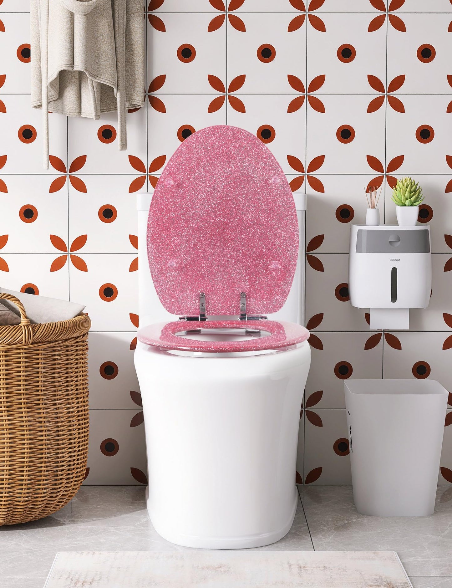 Angol Shiold ELONGATED Pink Toilet Seat Resin Glitter, Slow Close Heavy Duty Acrylic Toilet Seats for Standard Toilets, Easy Installation & Cleaning(19Inch, Pink Glitter, Upgraded hinges)