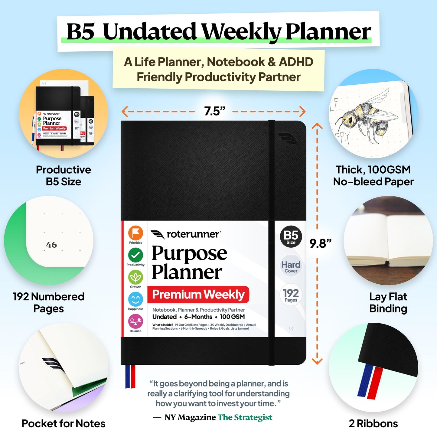 Roterunner Purpose Planner Notebook B5 7.5”x9.8” Undated 2026 Daily Weekly and Monthly Productivity Goal Setting Tool for Work Home ADHD for Adults Self Care Journal