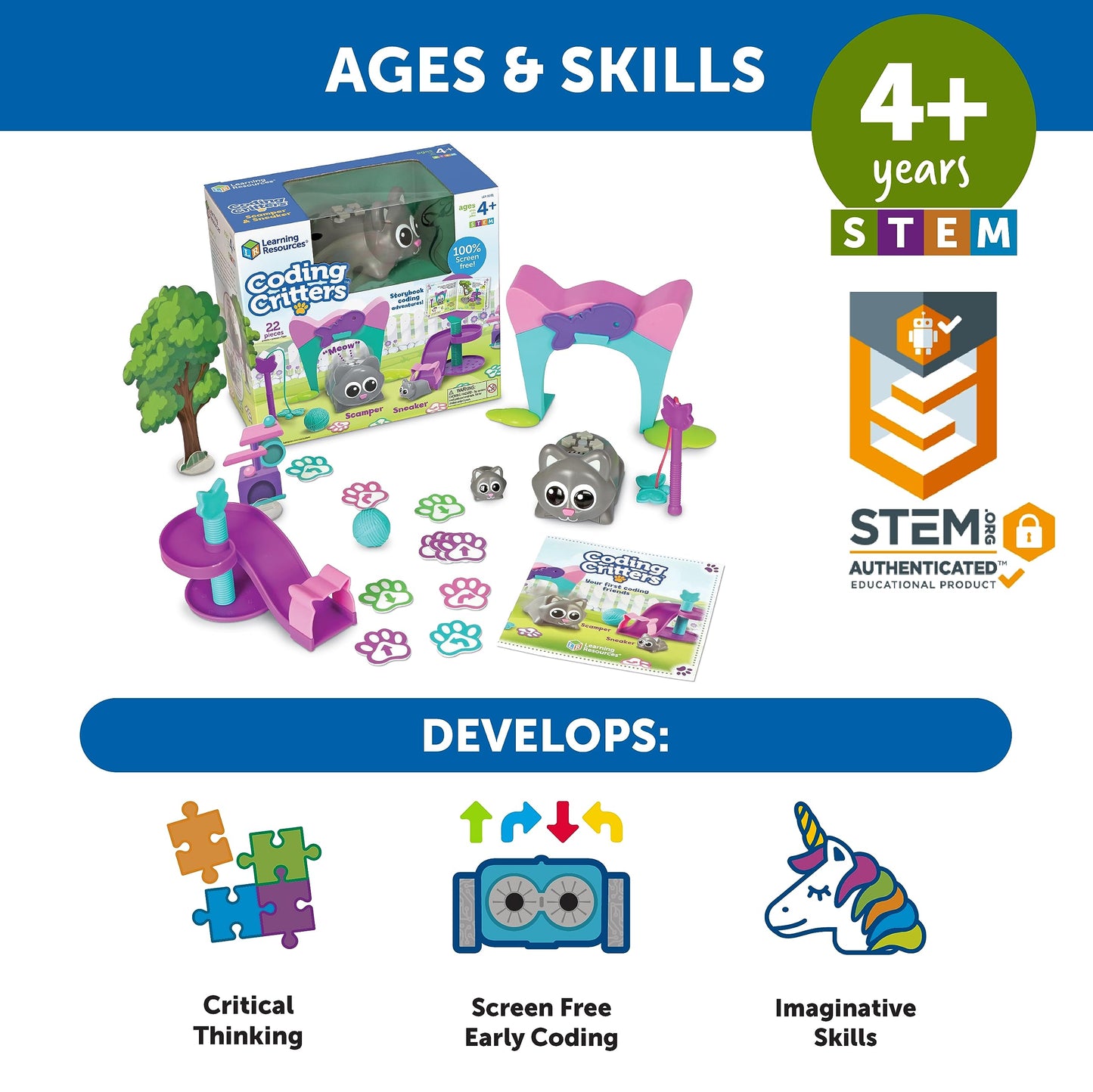 Learning Resources Coding Critters Scamper & Sneaker - 22 Pieces, Ages 4+ Educational Learning Games, Screen-Free Early Coding Toy for Kids, Interactive STEM Coding Pet