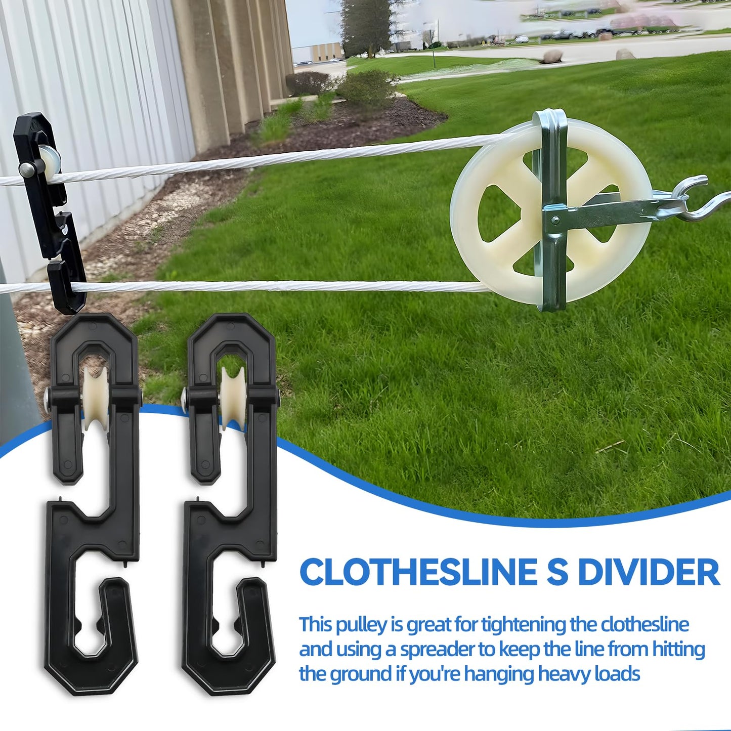 oyhqes Clothesline Kit Outdoors, Clothes Line Pulley Kit, 164ft Polyester Clothes Line Rope Outdoors Heavy Duty, Clothesline Pulley Kit with S Separator Spreaders, Rope Tightener, Hook for Clothes