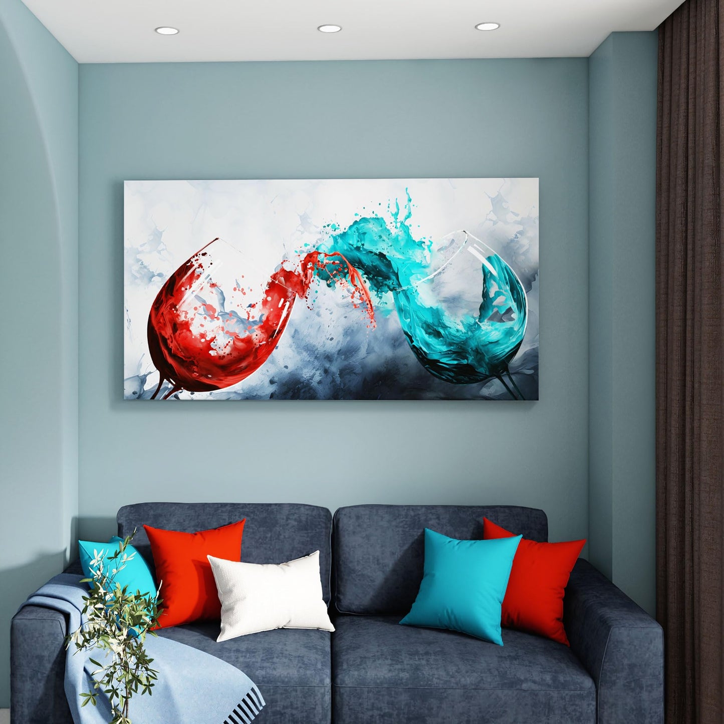 Pogusmavi Dining Room Wall Art Wine Glass Canvas Wall Pictures Kitchen Art Wall Decor Blue & Red Wine Cups Painting Modern Wall Art for Living Room Office Artwork Wall Decor 29x58IN